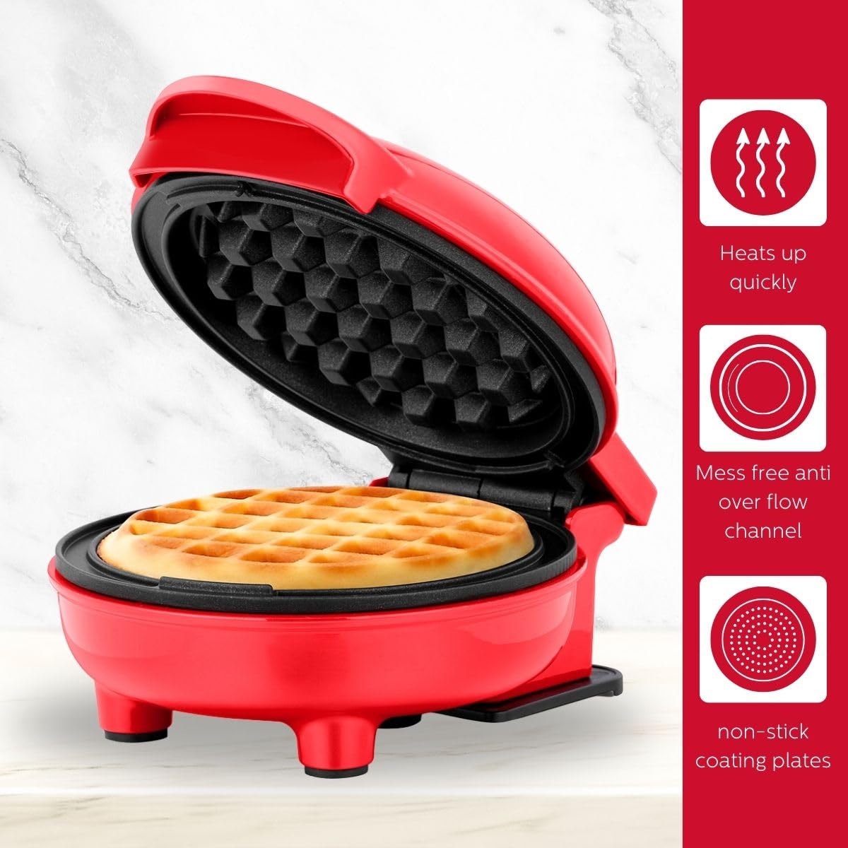 Holstein Housewares Mini Waffle Maker - 4 Inch Non-Stick Waffle Iron for Quick Breakfast, Brunch & Snacks | Perfect for Dorms, Offices & Small Kitchens | Red Compact Waffle Maker (Personal Size)