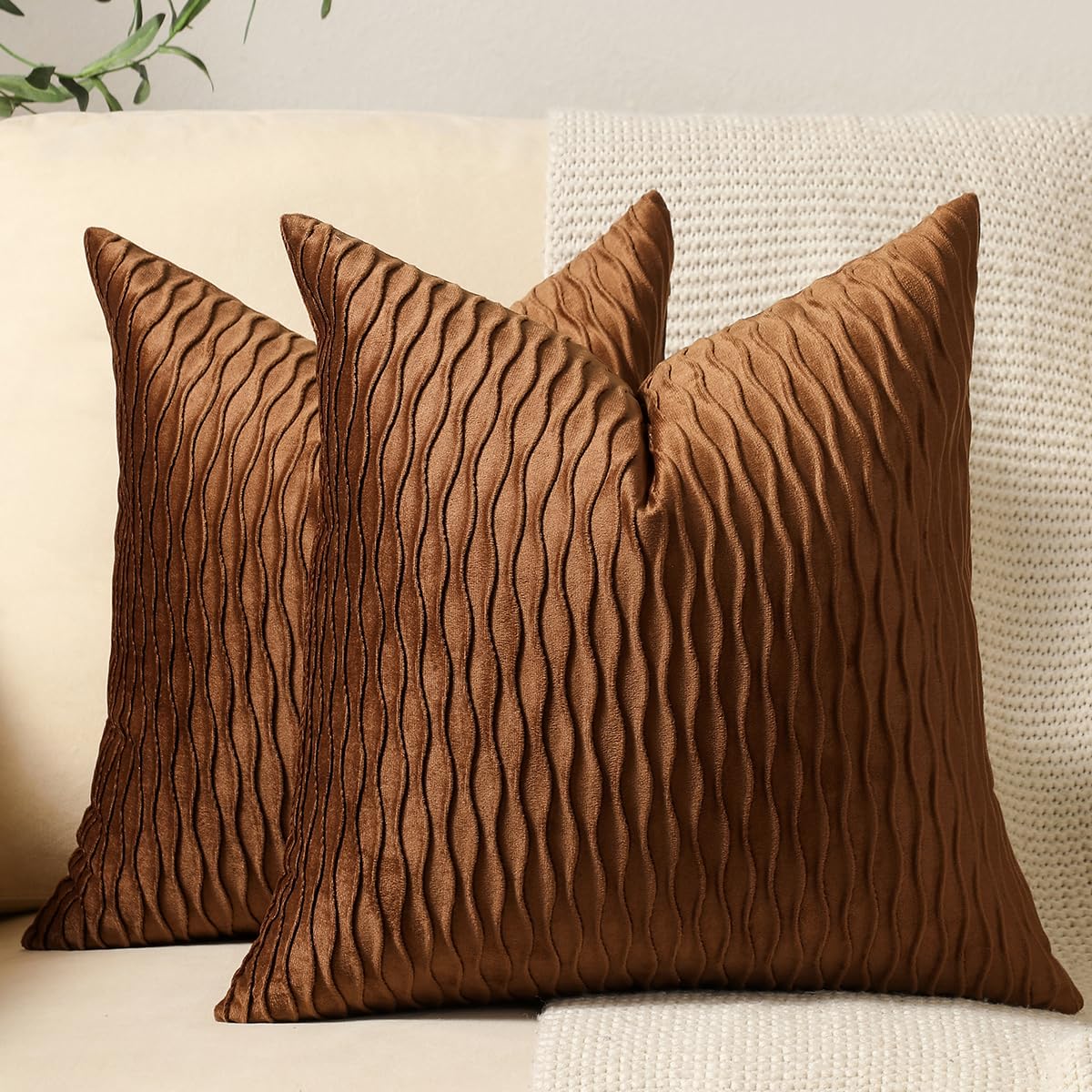 DEZENE Light Brown Throw Pillow Covers - 2 Pack 24x24 Inch Soft Velvet Square Cushion Cases with Classic Stripe Design for Farmhouse Sofa, Living Room Decor & Cozy Home Accents