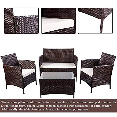 4-Piece Outdoor PE Rattan Patio Furniture Set with Cushions & Glass Coffee Table - Garden, Yard, Poolside, Backyard Sofa Seating Group for Relaxing & Entertaining