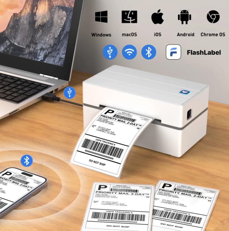 Wireless Bluetooth Label Printer 4x6 (102x152mm) - Compatible with iPhone, Android, Mac & Windows | Thermal Shipping Label Maker for UPS, FedEx, USPS, DHL | Perfect for Small Business, Home Office & E-commerce Shipping