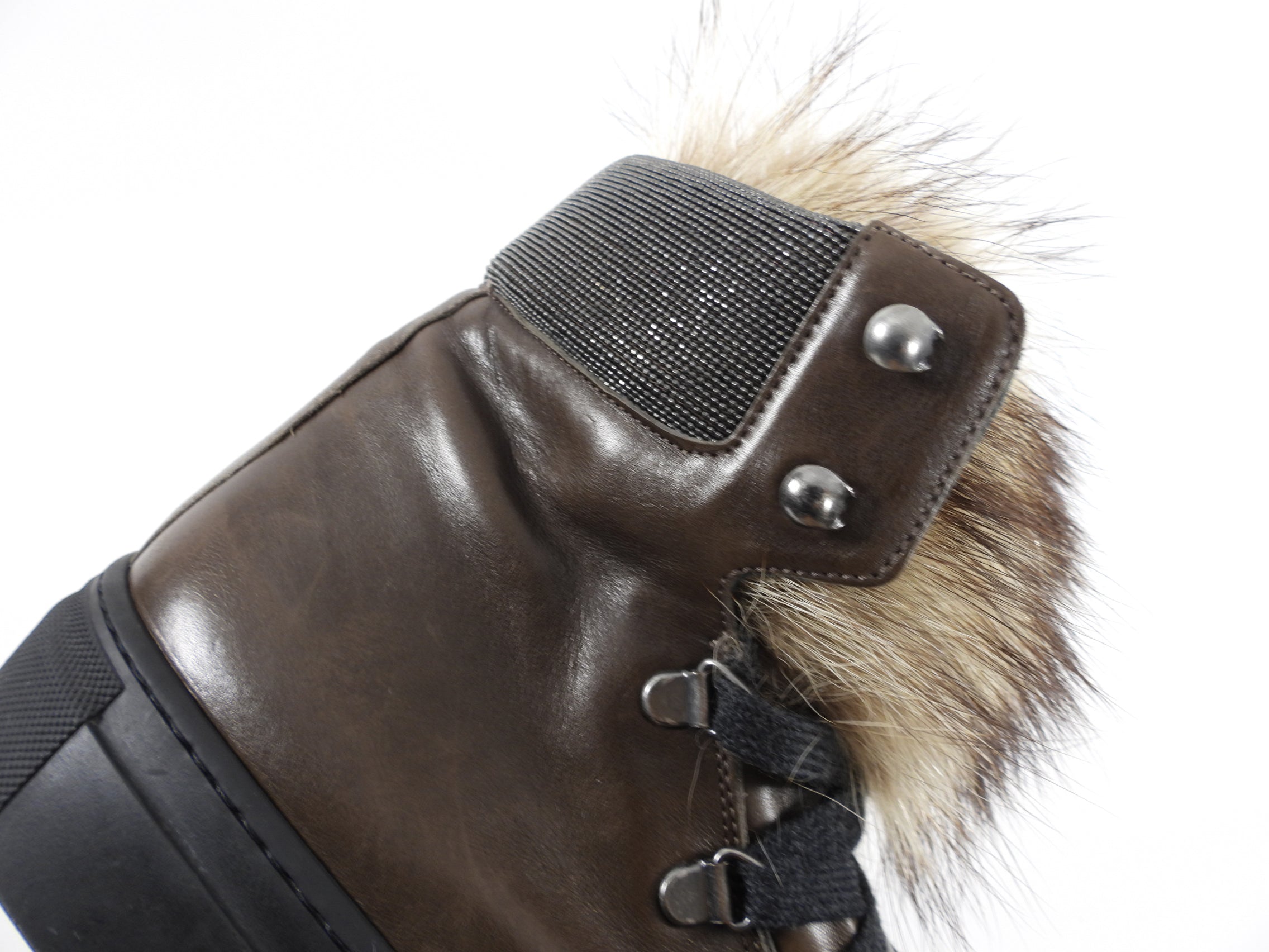 Brunello Cucinelli Brown Leather & Fur Winter Boots for Women Size 38 - Waterproof Snow Boots for Hiking, Outdoor Adventures & Cold Weather Fashion