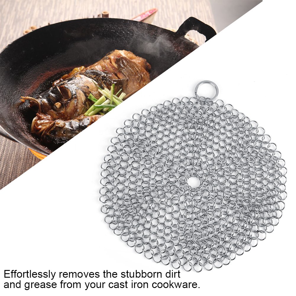 Stainless Steel Rust Proof Scrubber for Cast Iron Skillet, Wok & Pan - 7.09 Inch Anti-Rust Cookware Cleaner with Corner Design - Perfect for Kitchen, Camping & Outdoor Cooking