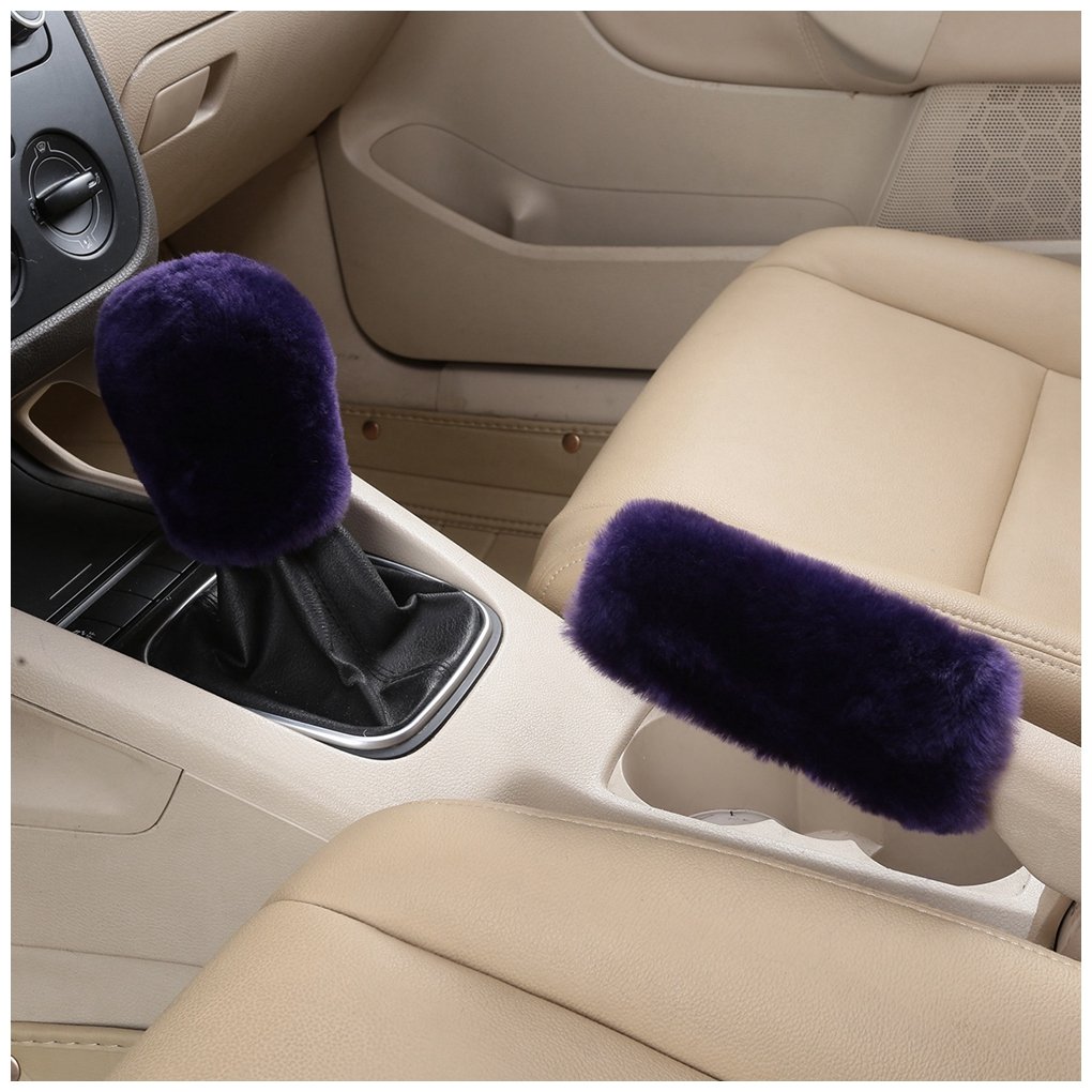 Dotesy 3-Piece Genuine Sheepskin Steering Wheel Cover Set with Gear Shift & Handbrake Cover - Universal 15 Inch Furry Car Protector - Pure Australian Wool (Purple) - Perfect for Winter Driving & Luxury Car Interior Upgrade