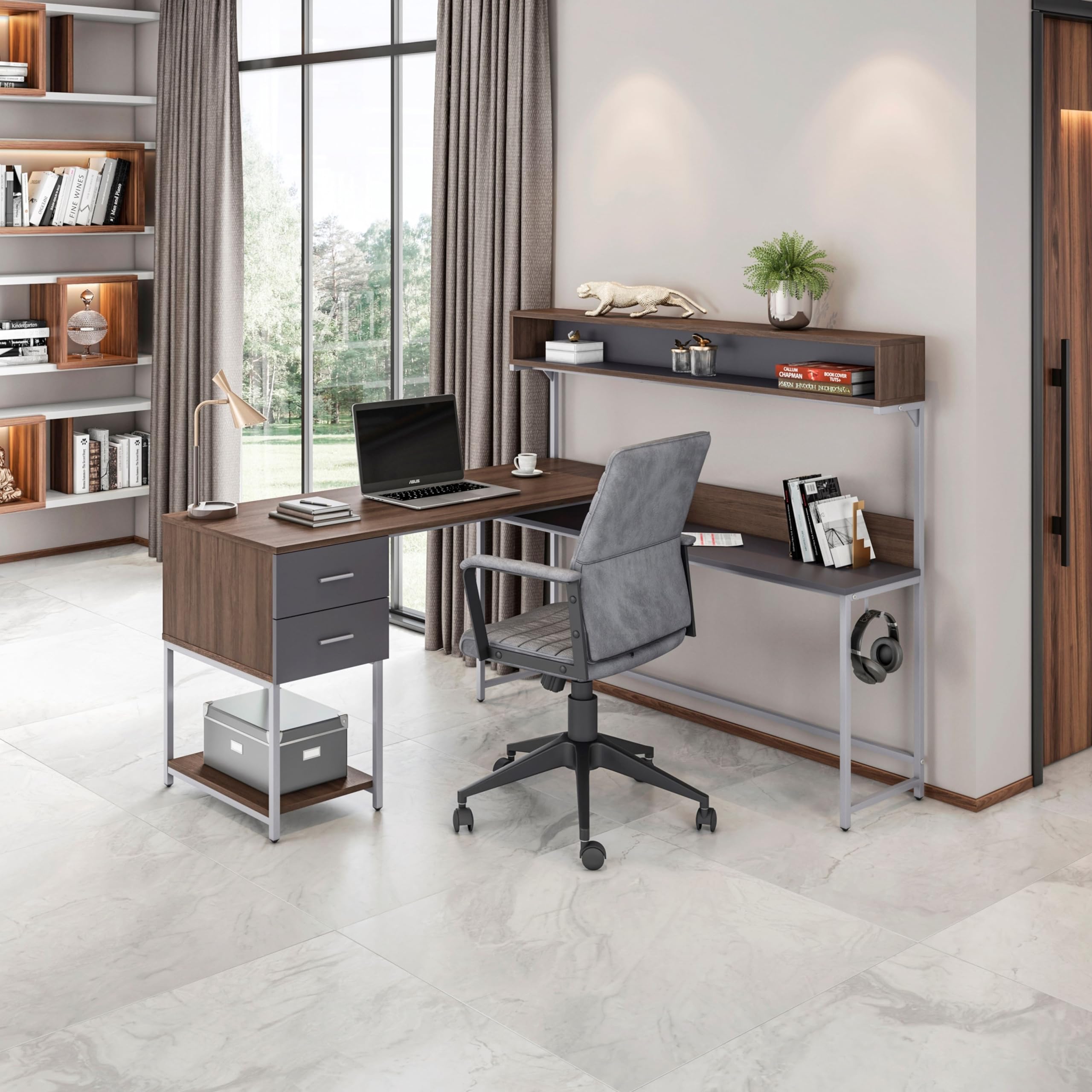 Techni Mobili L-Shaped Corner Computer Desk with Hutch, Storage Drawers & Open Shelf - Walnut Home Office Workstation for PC, Printer & Study Space