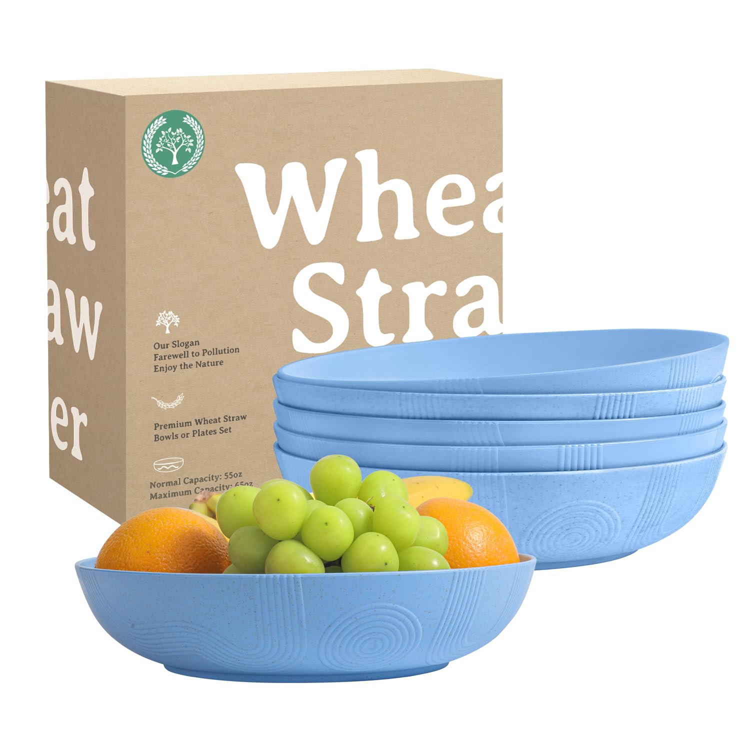 Eco-Friendly Wheat Straw Salad Bowls Set of 6 - 10 Inch Large Serving Bowls (65 oz) | Microwave & Dishwasher Safe Wide Shallow Bowls for Kitchen, Parties & Picnics - Sky Blue