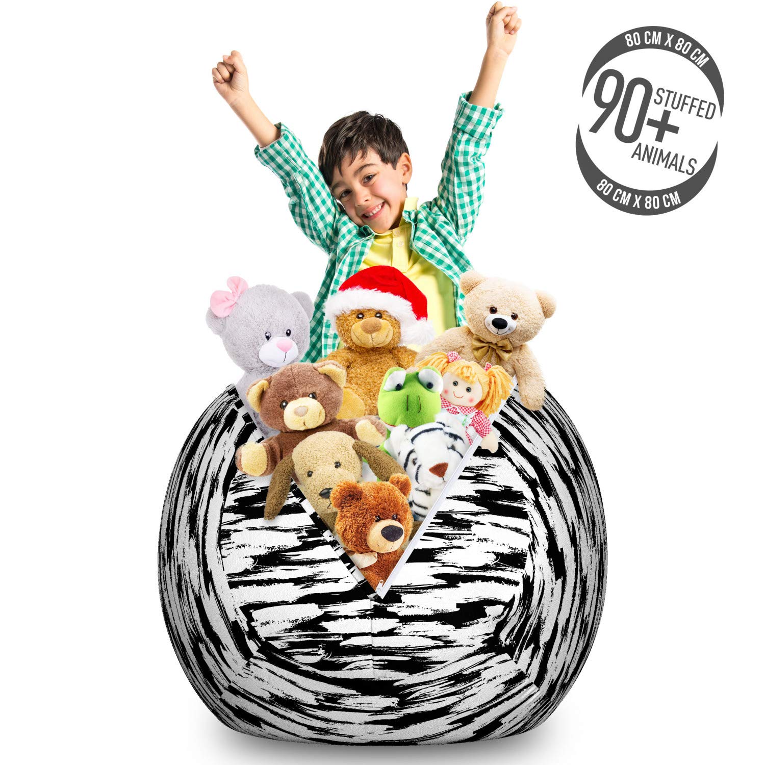 Ambesonne Retro Storage Toy Bag Chair - Large Washable Stuffed Animal Organizer with Bold Monochrome Brushstroke & Stripe Pattern (Black & White) - Perfect for Kids' Room, Nursery, Playroom & Dorm Organization