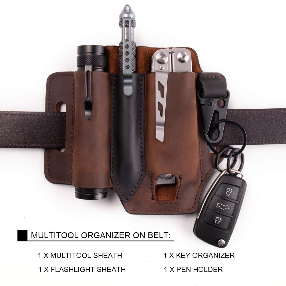 Premium Leather EDC Pocket Organizer for Men - Belt Sheath for Multitool, Pen Holder, Key Fob & Flashlight | Durable Leatherman Sheath in Dark Brown | Perfect for Outdoor Adventures, Camping & Everyday Carry