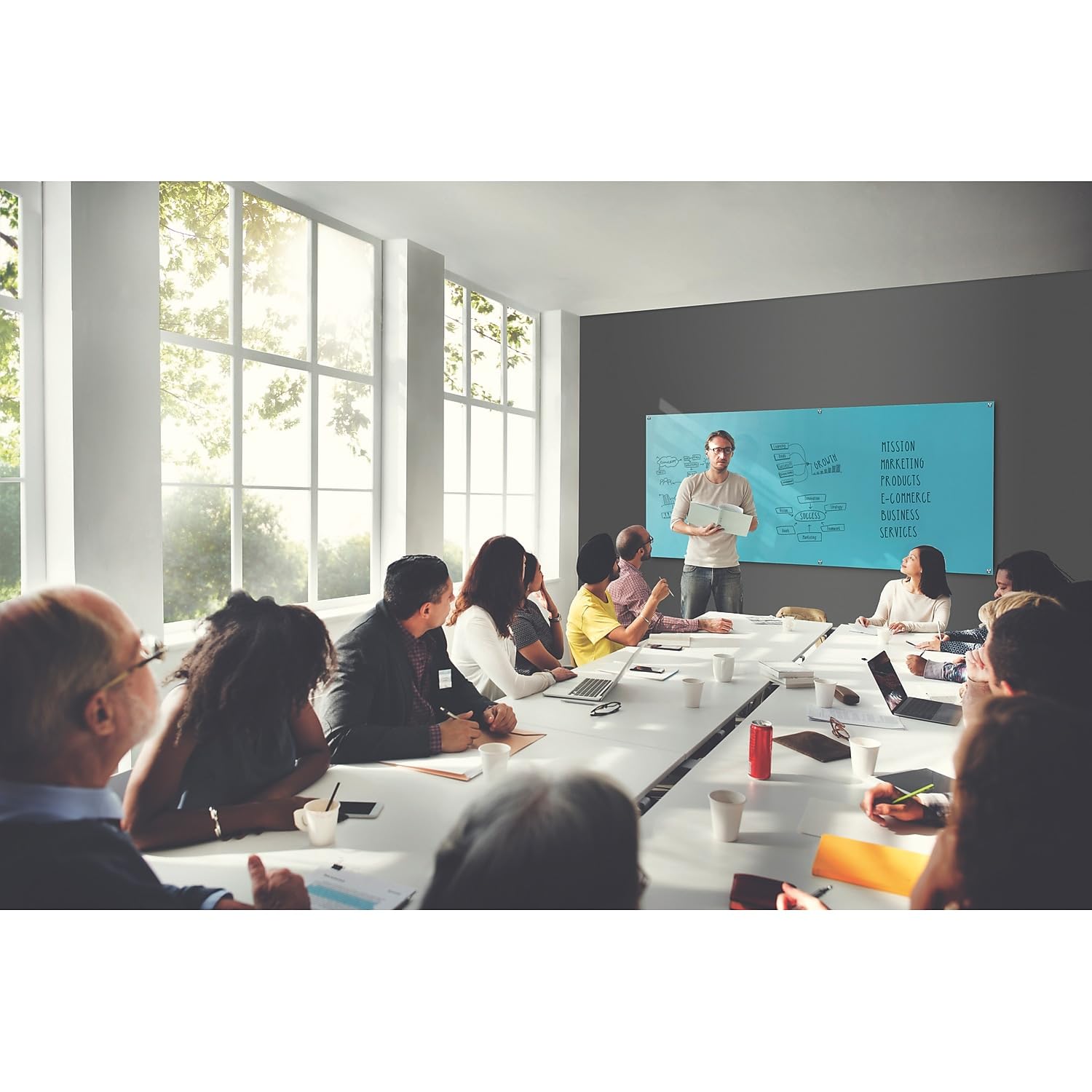 4'x6' Harmony Glass Whiteboard with Square Corners - Blue Dry Erase Board for Office & Home, Includes 4 Markers & Eraser - Perfect for Meetings, Presentations & Classroom Teaching