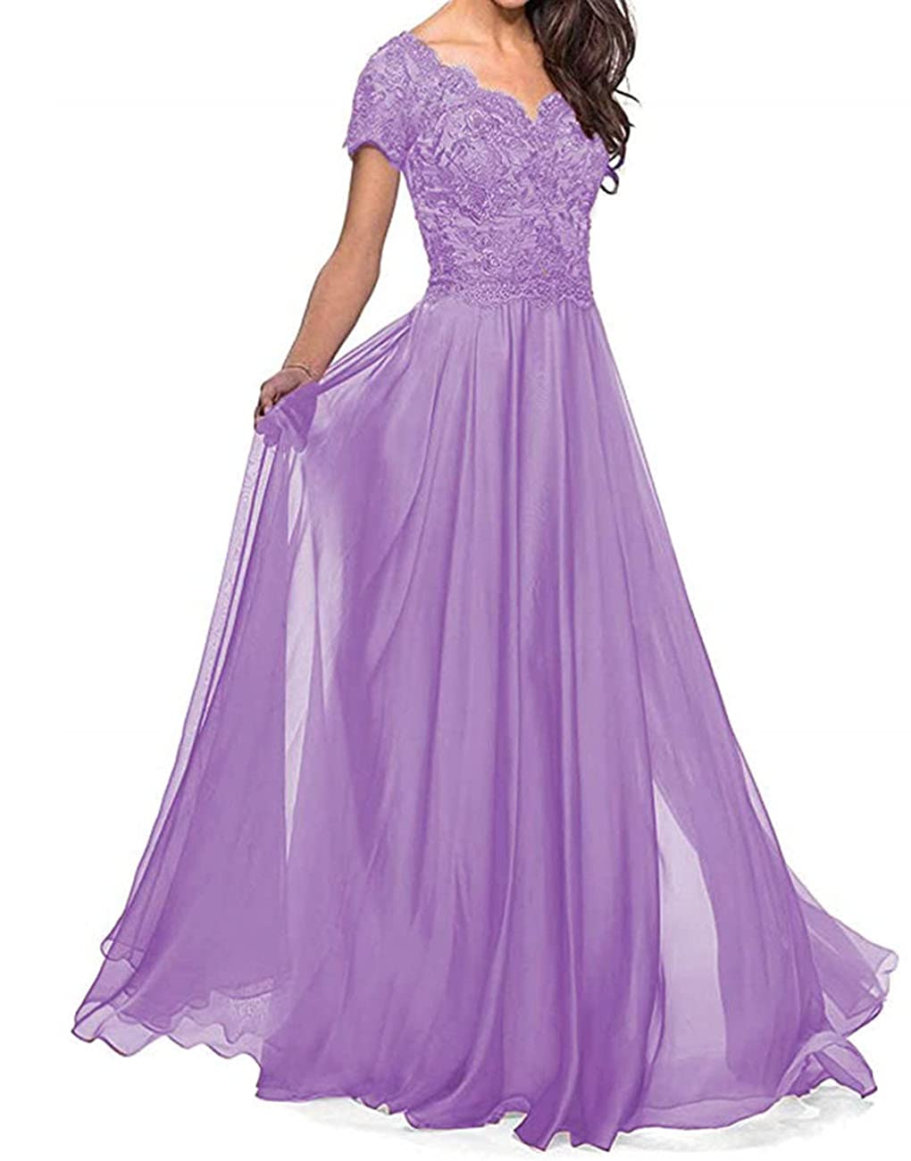 Elegant BTgirl Long Lace Appliques Mother of The Bride Dress - Chiffon A-Line Formal Gown with Short Sleeves for Weddings, Parties & Special Occasions