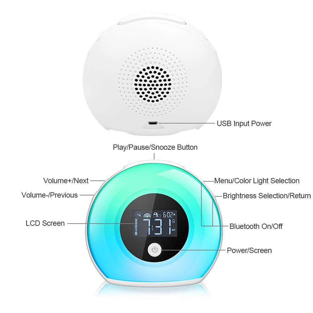 Wake Up Light Bluetooth Speaker - Dimmable Table Lamp Alarm Clock with Warm & Colorful LED Lights, Wireless Music Player for Bedroom, Kids Room, Party & Camping | Perfect for Morning Wake-Up, Night Light & Mood Lighting