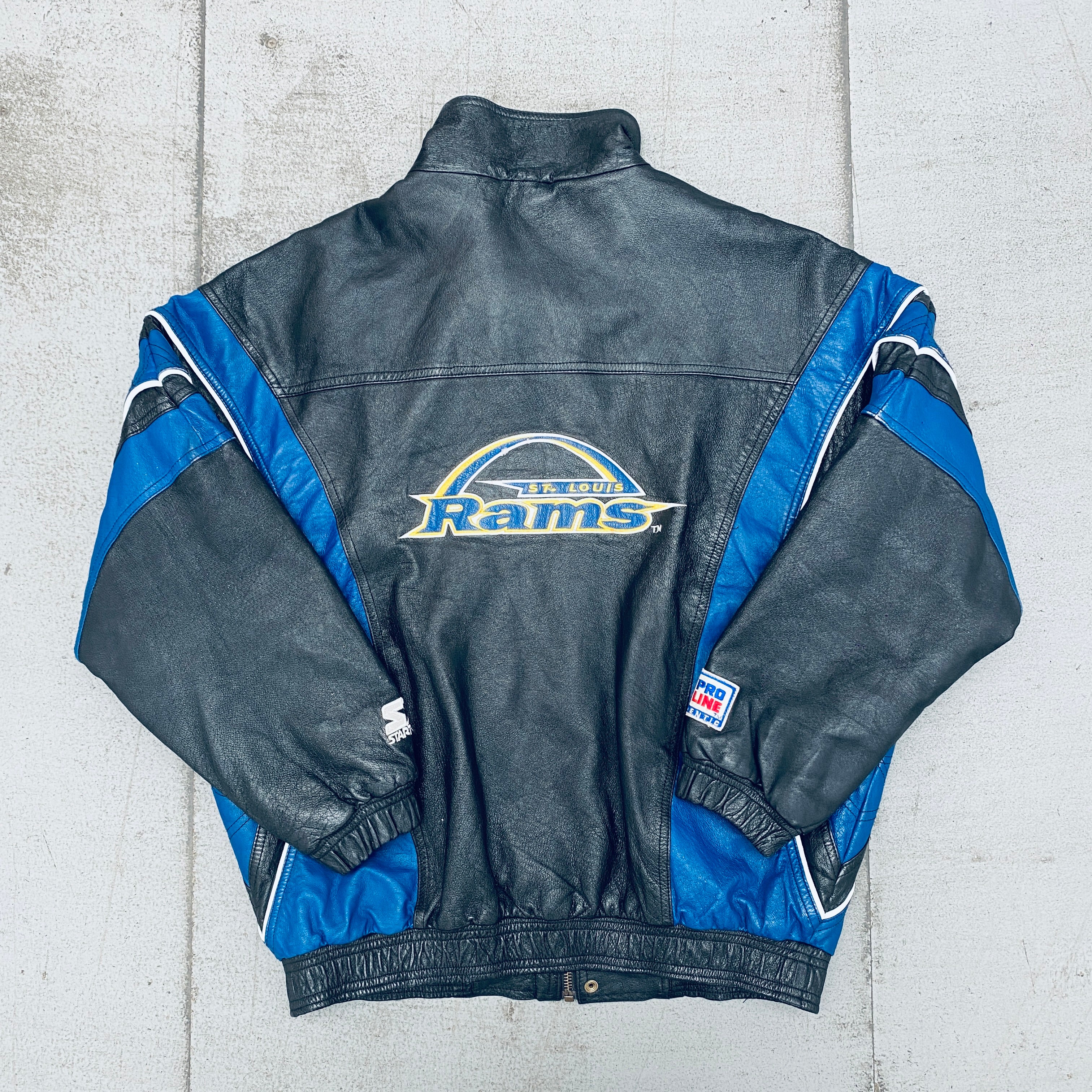 St. Louis Rams 1990s Blackout Leather Proline Full-Zip Starter Bomber Jacket - Vintage NFL Football Jacket for Men (Large) - Perfect for Game Day, Tailgating & Retro Sports Fashion