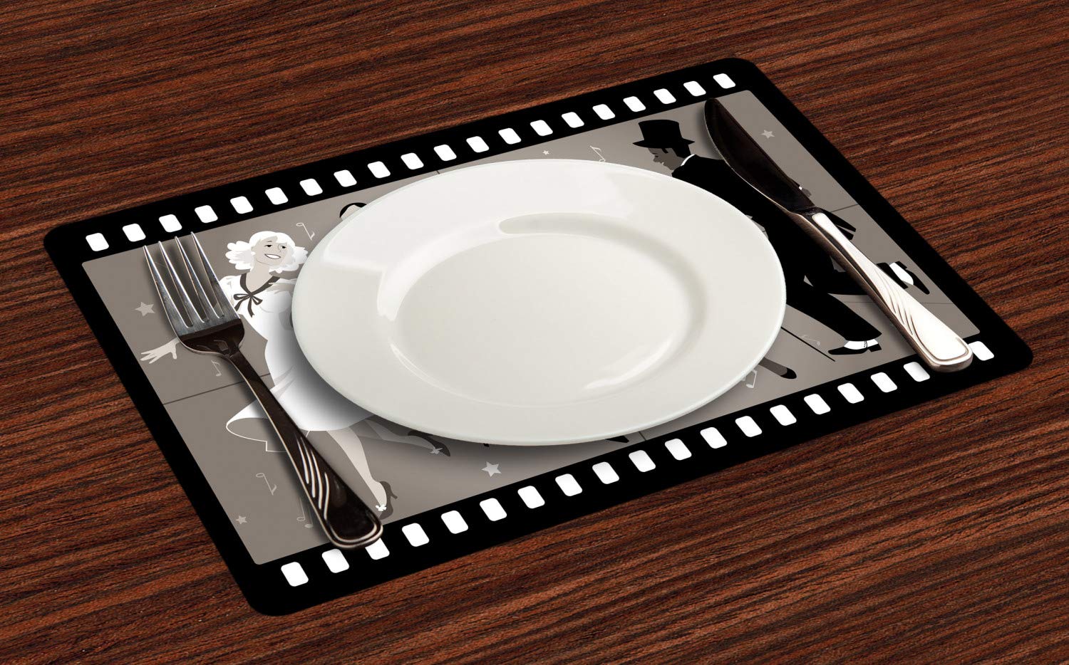 Ambesonne Vintage 1940s Style Music Place Mats Set of 4 - Washable Fabric Table Mats for Dining Room Decor - Retro Dancing Couple Design in Dark Eggshell & Multicolor - Perfect for Dinner Parties, Themed Events & 1940s Enthusiasts