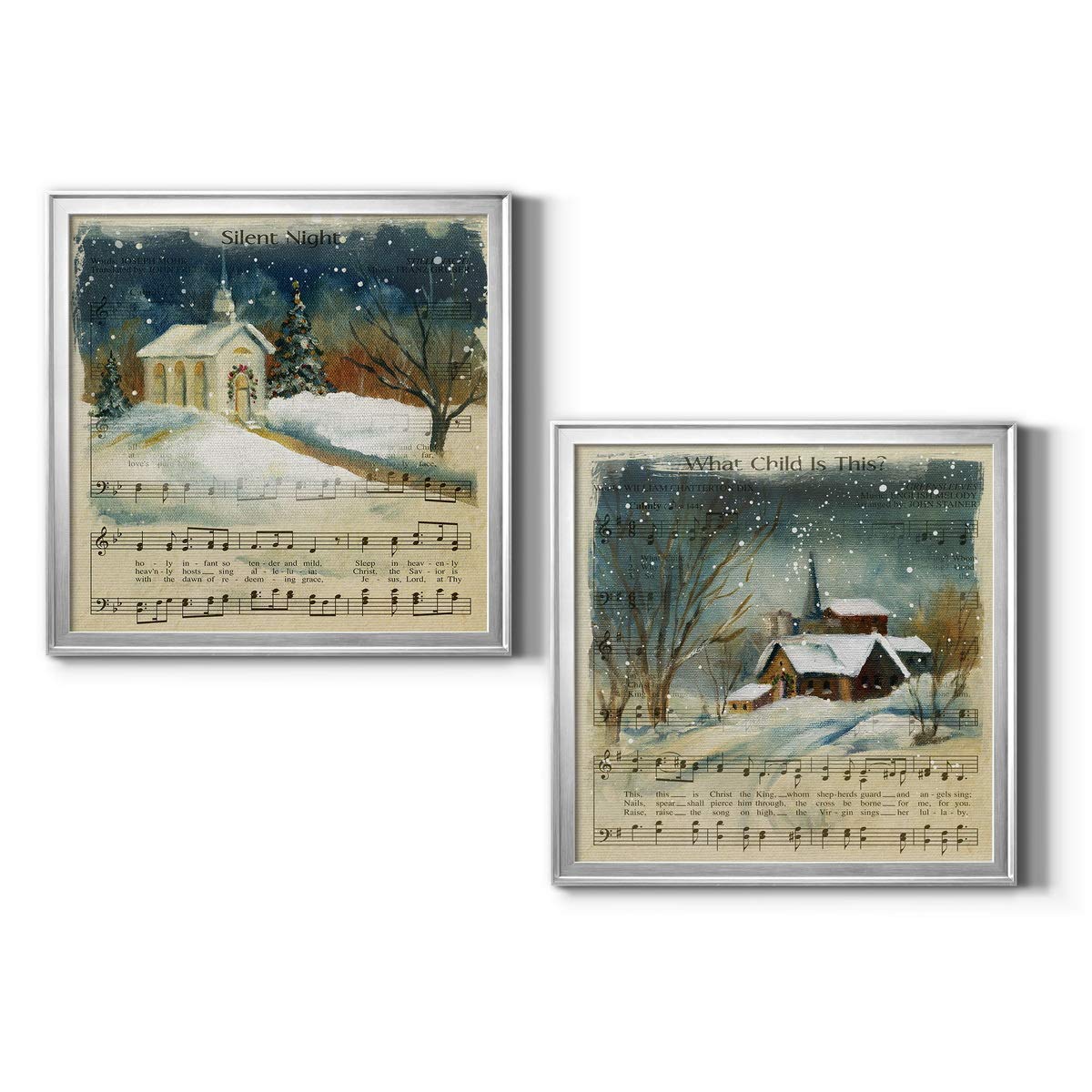 Christmas Canvas Wall Art - Santa Workshop, Elves & North Pole Holiday Décor - Frosty the Snowman & Jingle Bells Theme - Silver Framed Wreath Silent Night 22x22 - Perfect for Living Room, Bedroom & Office Holiday Decoration