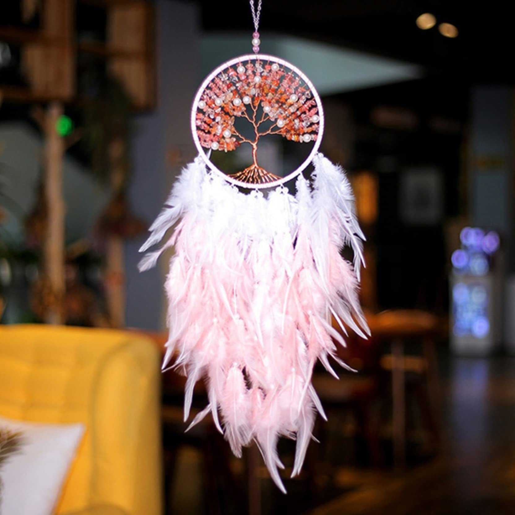 Dream Catcher for Girls Room Decor - Boho Feather Ornaments with Lace Ribbons & LED Lights | Perfect for Bedroom, Nursery, and Teen Girl Gift Ideas