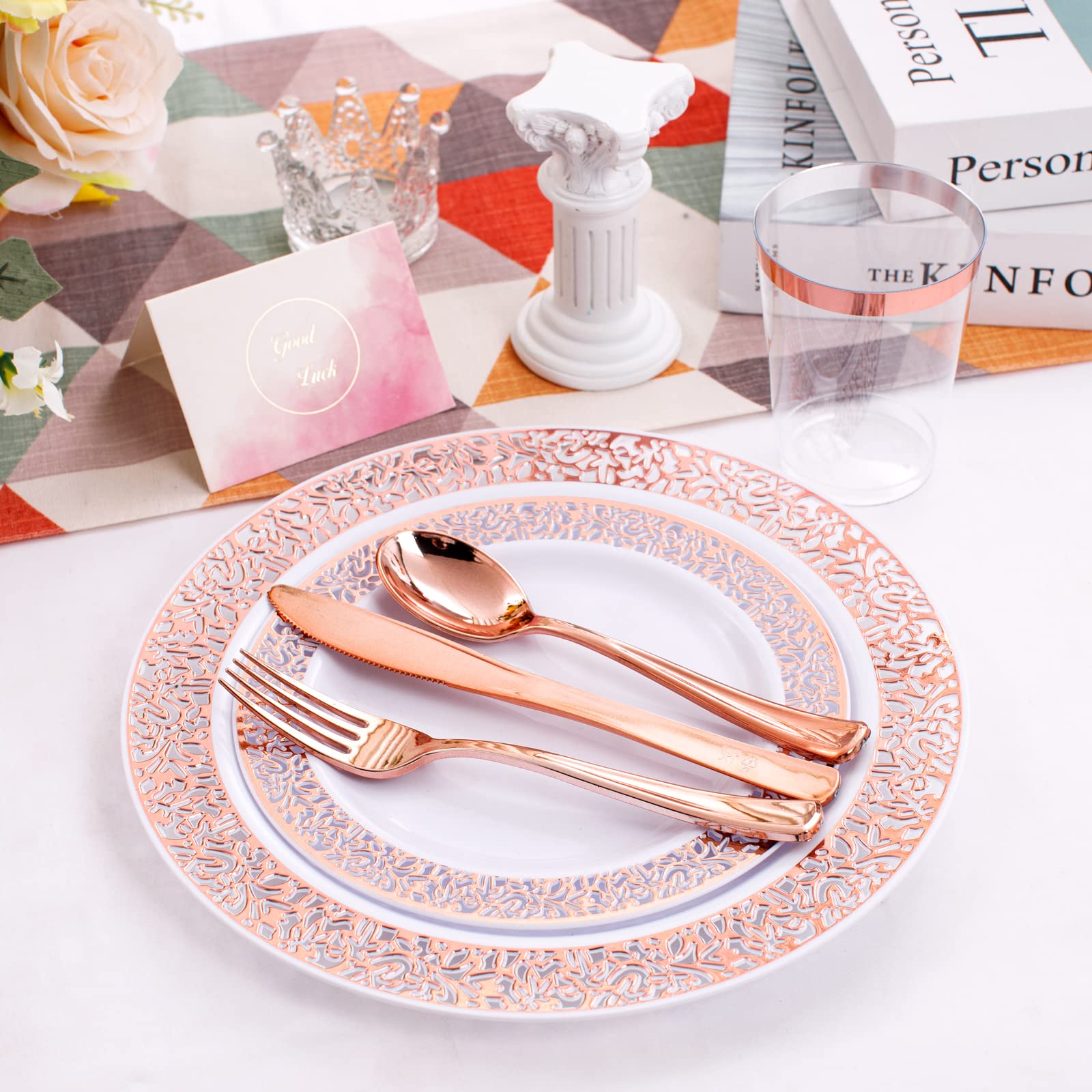 WELLIFE 175-Piece Rose Gold Plastic Dinnerware Set - 25 Dinner Plates (10.25