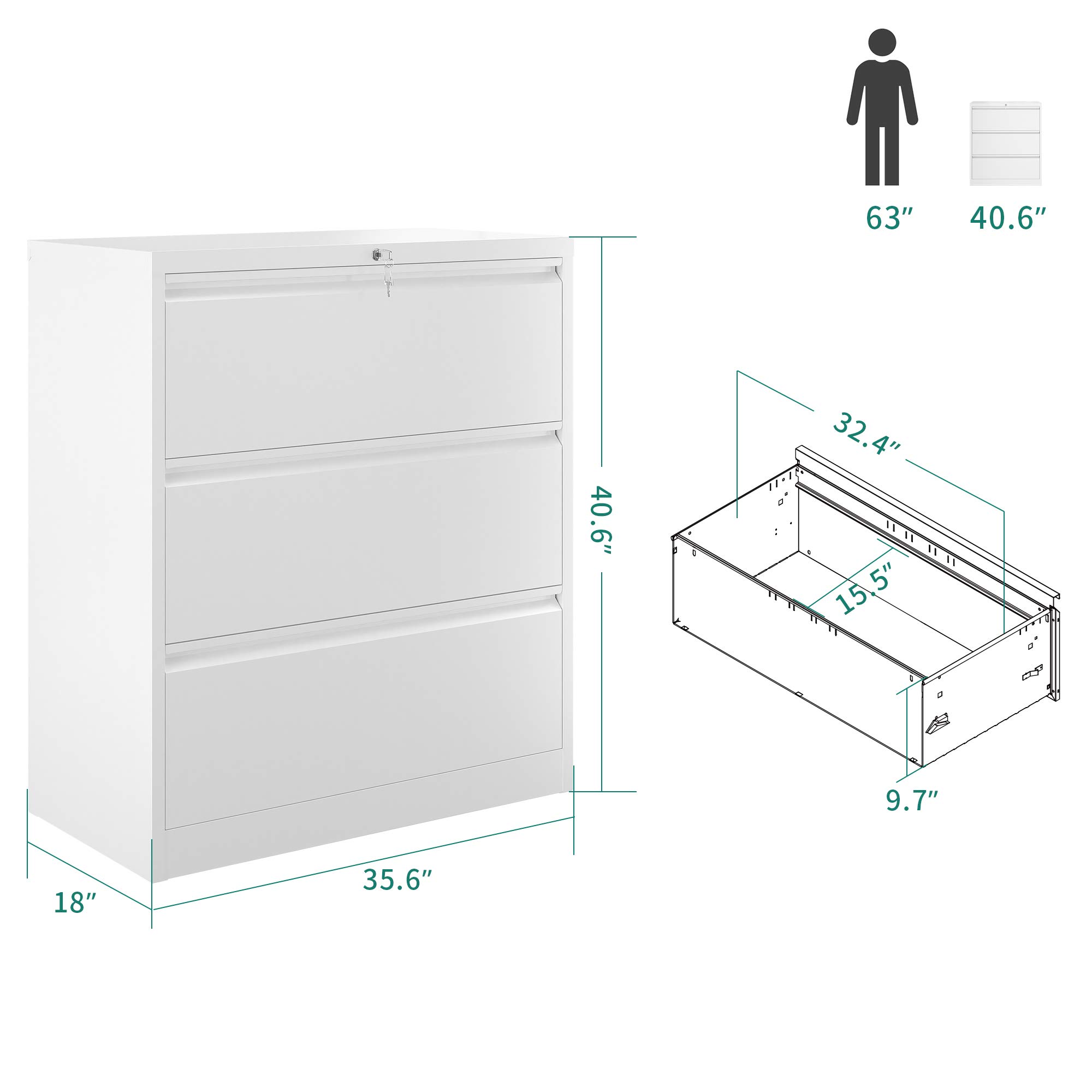 YITAHOME 3-Drawer Locking Lateral File Cabinet - Metal Stainless Steel Office Storage Organizer for Legal/Letter/A4 Documents - White | Perfect for Home Office, Corporate Workspace & School Filing Needs