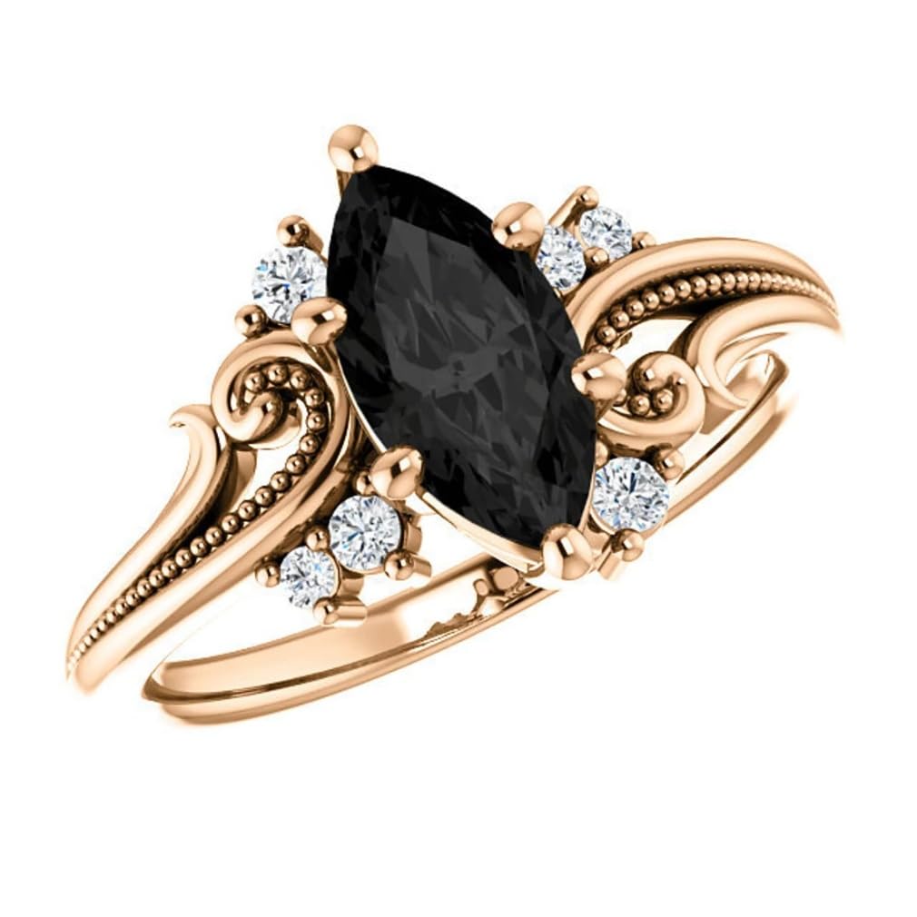 1CT-3CT Marquise Cut Black Diamond Engagement Ring - Solitaire Milgrain Black Onyx Anniversary Ring for Women - 925 Silver/10K/14K/18K Gold (Yellow, White, Rose) - Perfect for Proposals, Weddings & Romantic Gifts