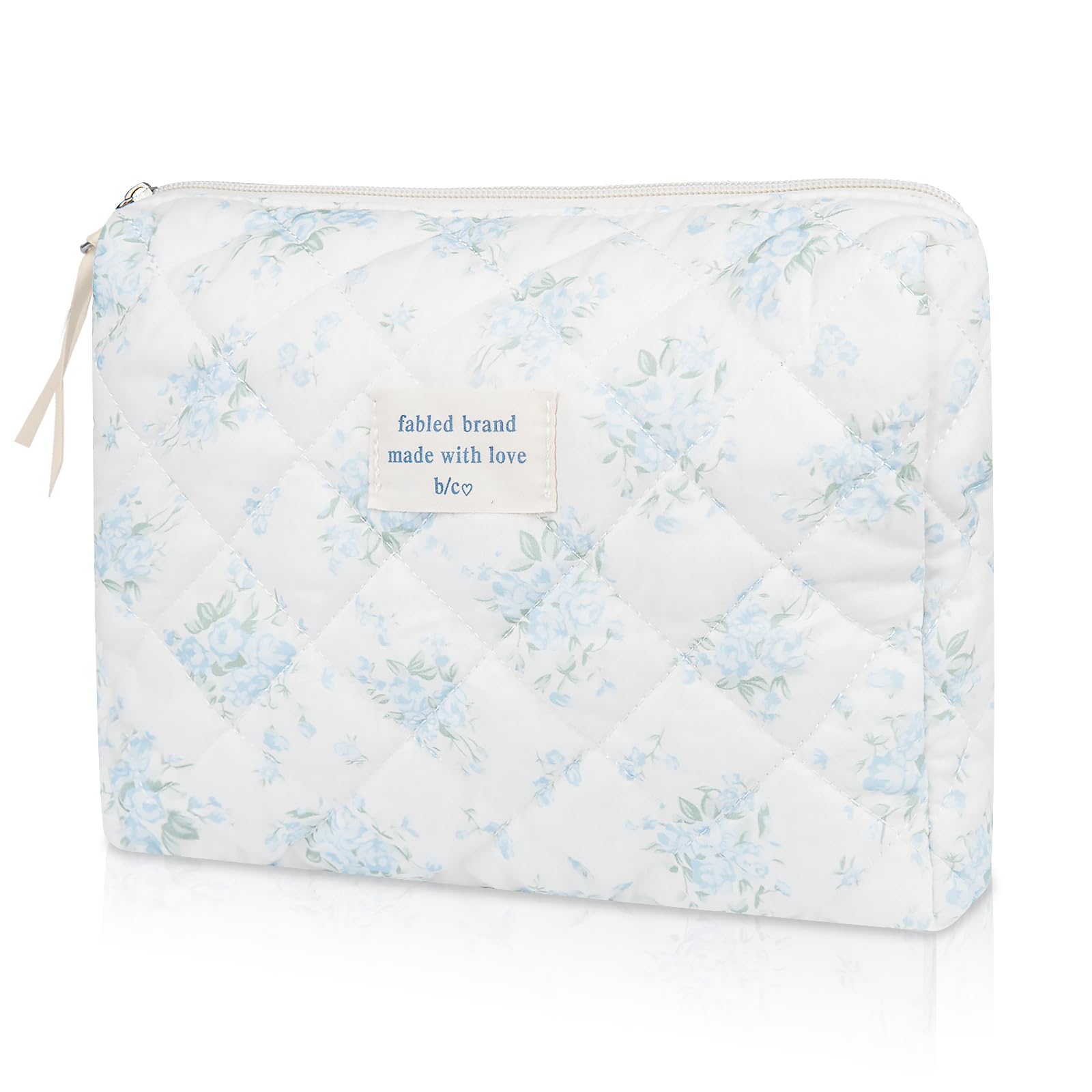 Floral Makeup Bag for Women & Girls - Large Quilted Cosmetic Pouch with Blue Rose Design, Cute Cotton Travel Toiletry Organizer | Perfect for Travel, Gym & Daily Essentials Storage
