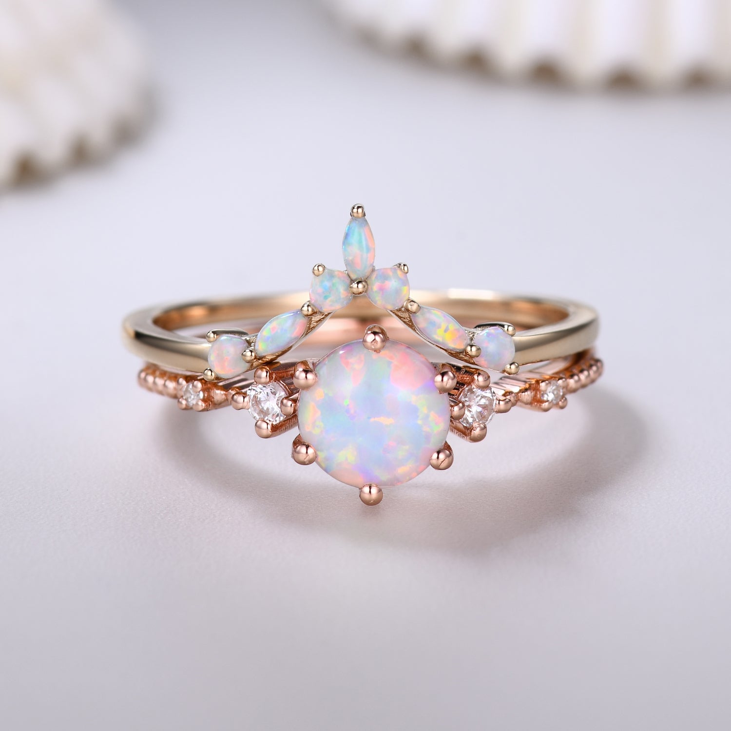 14K Solid Gold Round Opal Bridal Ring Set - Curved Wedding Band for Women, Anniversary Gift, Engagement Jewelry - Perfect for Weddings, Proposals & Special Occasions