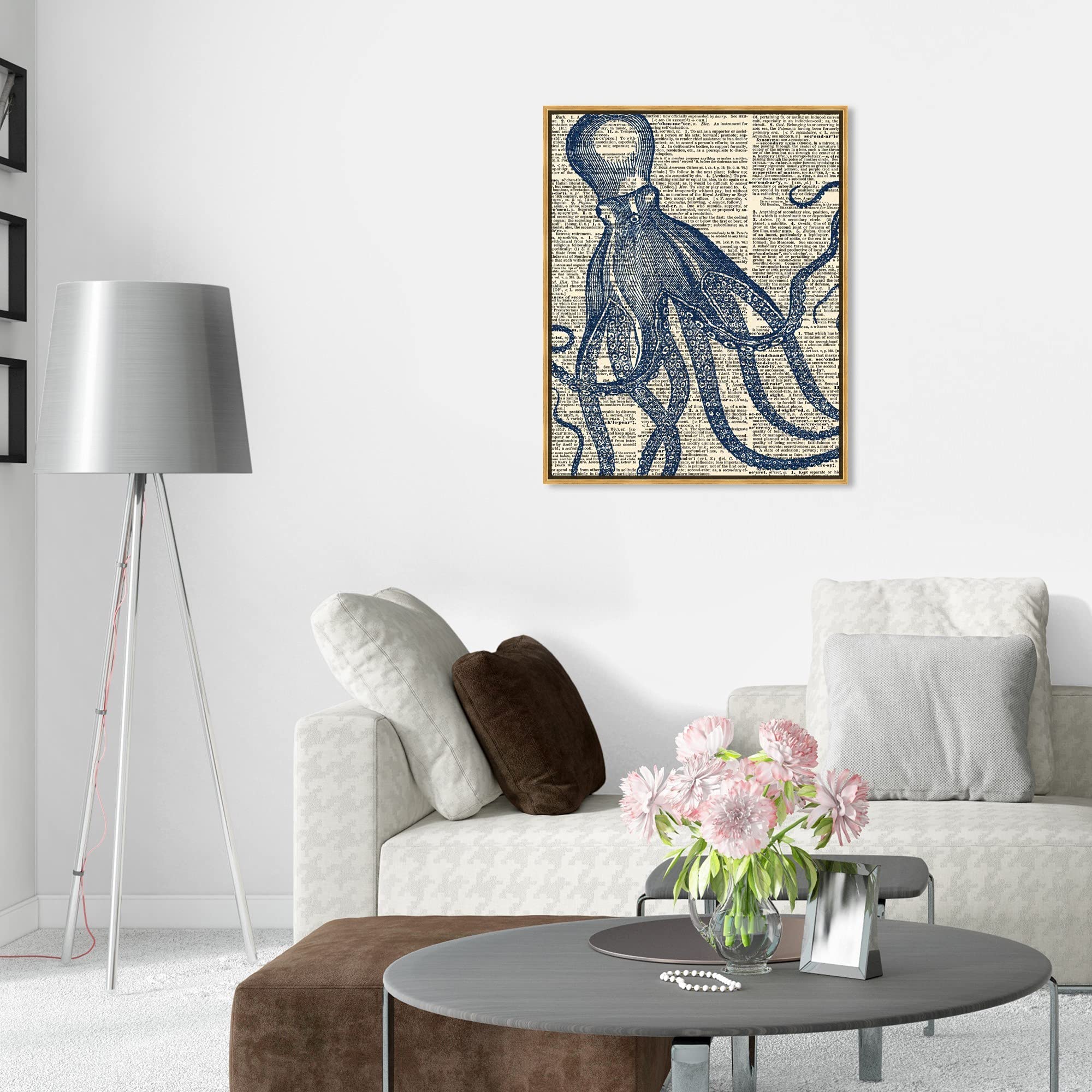 Oliver Gal Artist Co. Nautical Coastal Wall Art - Framed Marine Life Octopus Dictionary Canvas Print - 30x36 Inch Gold Floater Frame - Perfect for Beach House Decor, Living Room & Office Wall