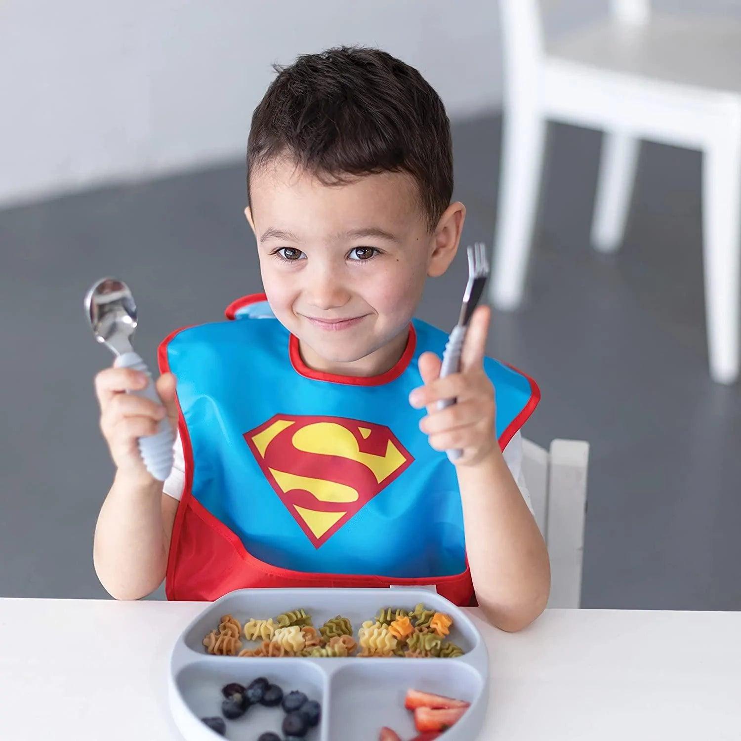Bumkins Superman Super Bib 2 Pack - Waterproof Baby Feeding Bibs for Toddlers & Infants - Soft & Adjustable for Mess-Free Mealtime - Perfect for Home, Daycare & Travel
