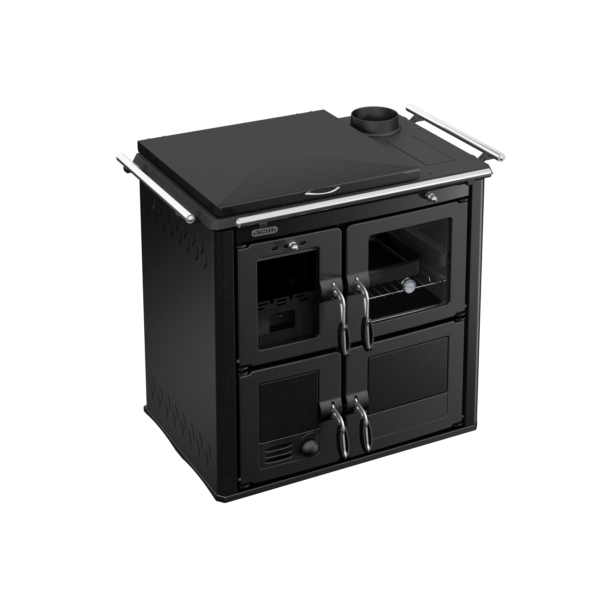 Drolet Outdoor Wood Burning Cook Stove with Cast Iron Hotplate & 4 Doors - Heavy Duty Ceramic Glass Camping Stove for Backyard, Cabin & Off-Grid Cooking (Model DB04800)