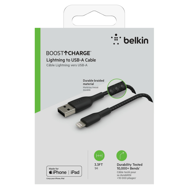 Belkin 1M USB A to Lightning Cable - Braided Black for iPhone Charging & Data Sync - Perfect for Home, Office & Travel