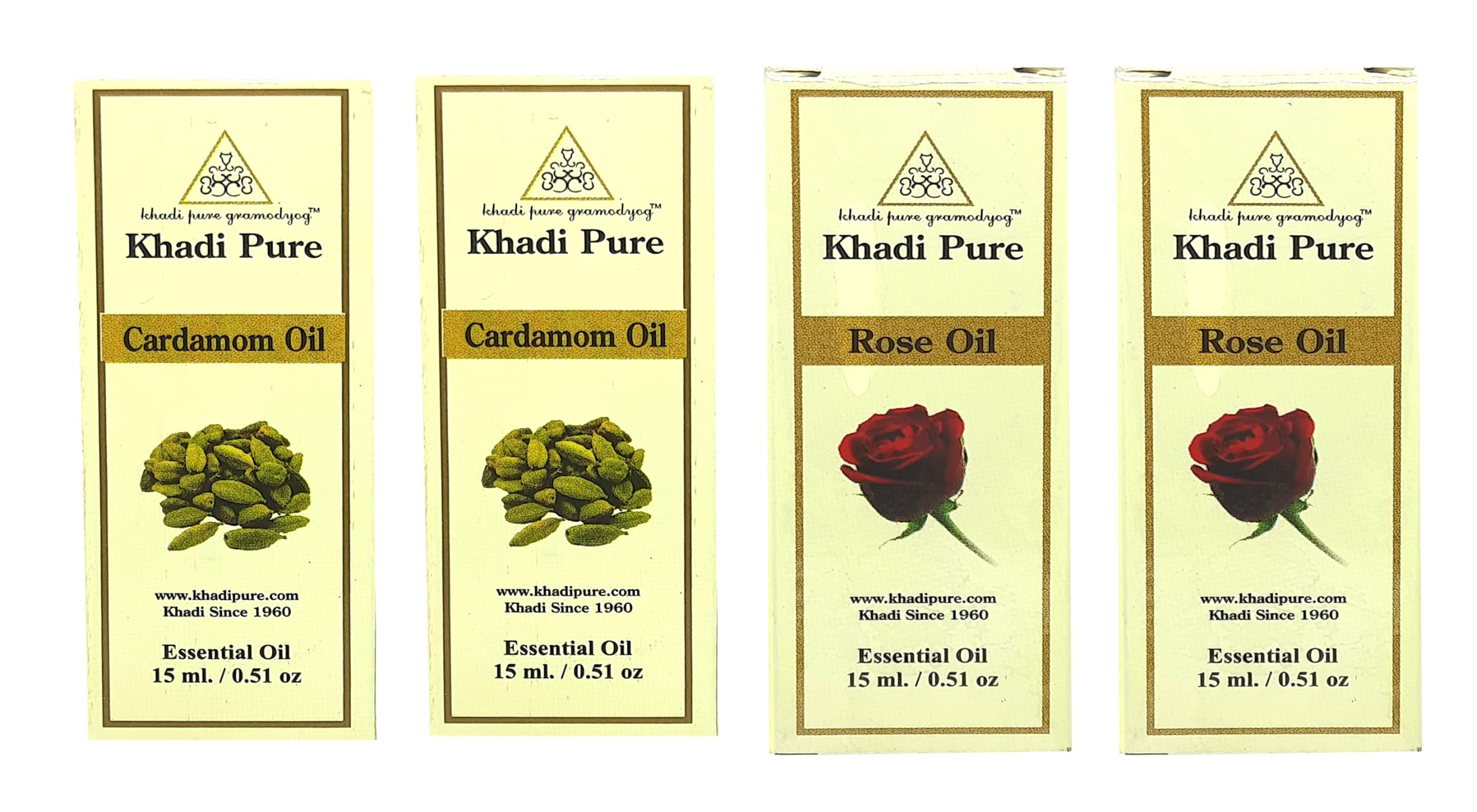 Khadi Pure Cardamom & Rose Essential Oil - 15ml (Pack of 4) | Aromatherapy, Massage & Skin Care | Perfect for Diffusers, DIY Beauty & Relaxation