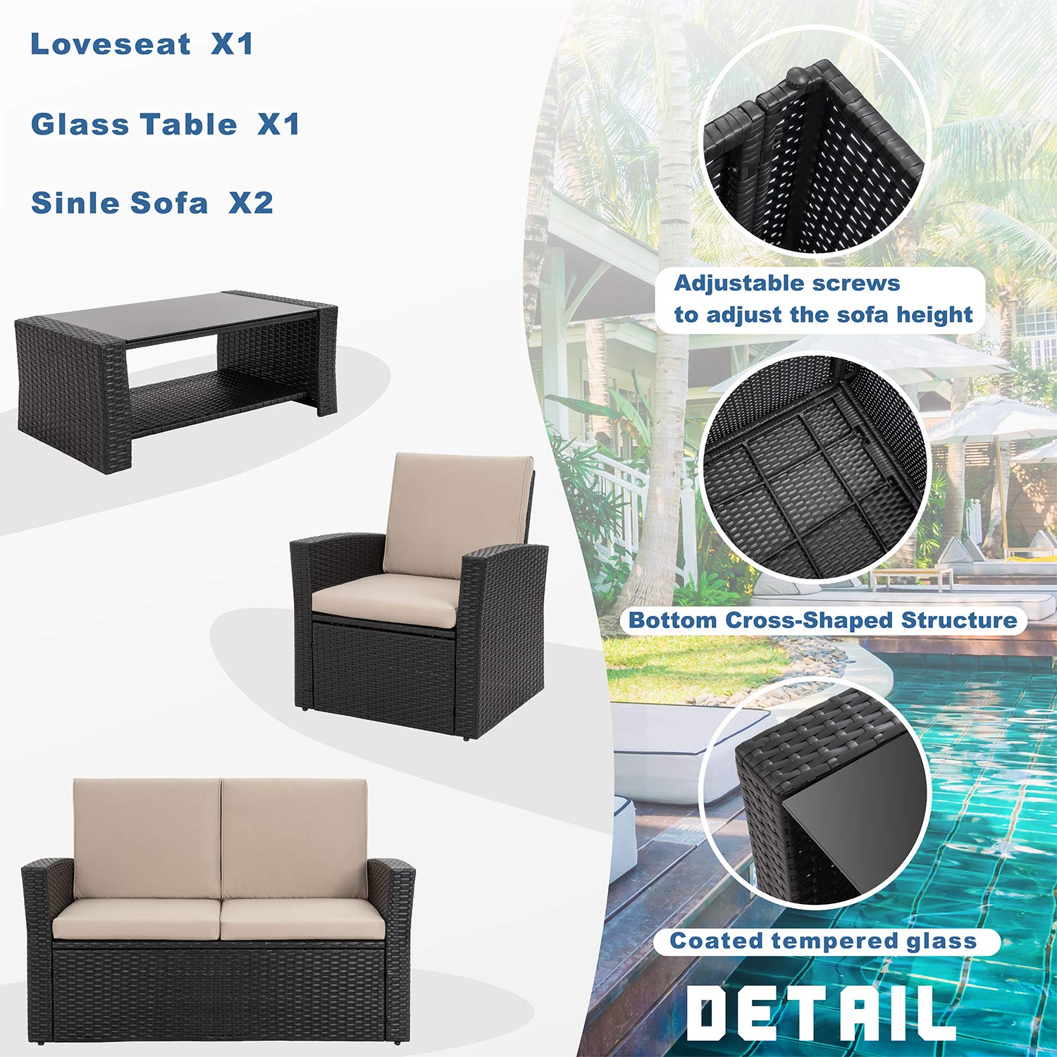 Shintenchi 4-Piece Outdoor Patio Furniture Set - All-Weather Wicker Rattan Sectional Sofa with Tempered Glass Coffee Table | Black | Perfect for Backyard, Garden, Poolside & Patio Relaxation