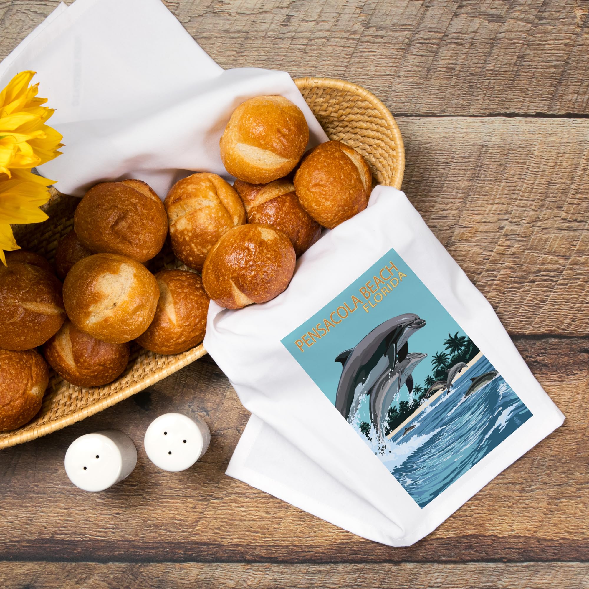 Lantern Press Pensacola Beach Florida Dolphins Jumping 100% Cotton Tea Towel - Decorative Hand Towel for Kitchen, Bathroom & Home Decor - Perfect for Dish Drying, Gift Giving & Coastal Themed Decor