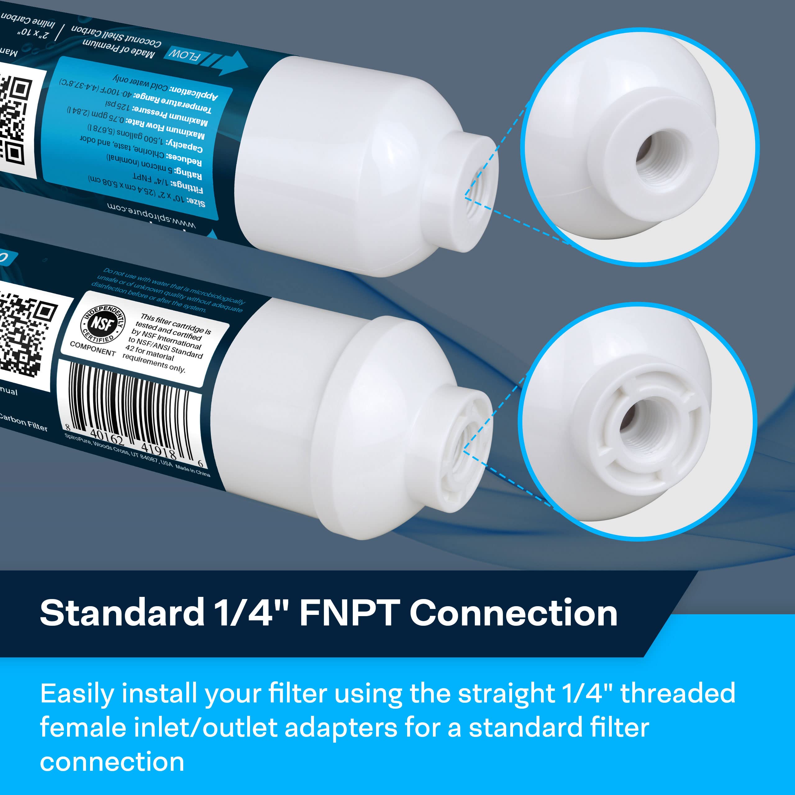 SpiroPure NSF Certified Coconut Shell Granular Carbon Inline Water Filter 1/4