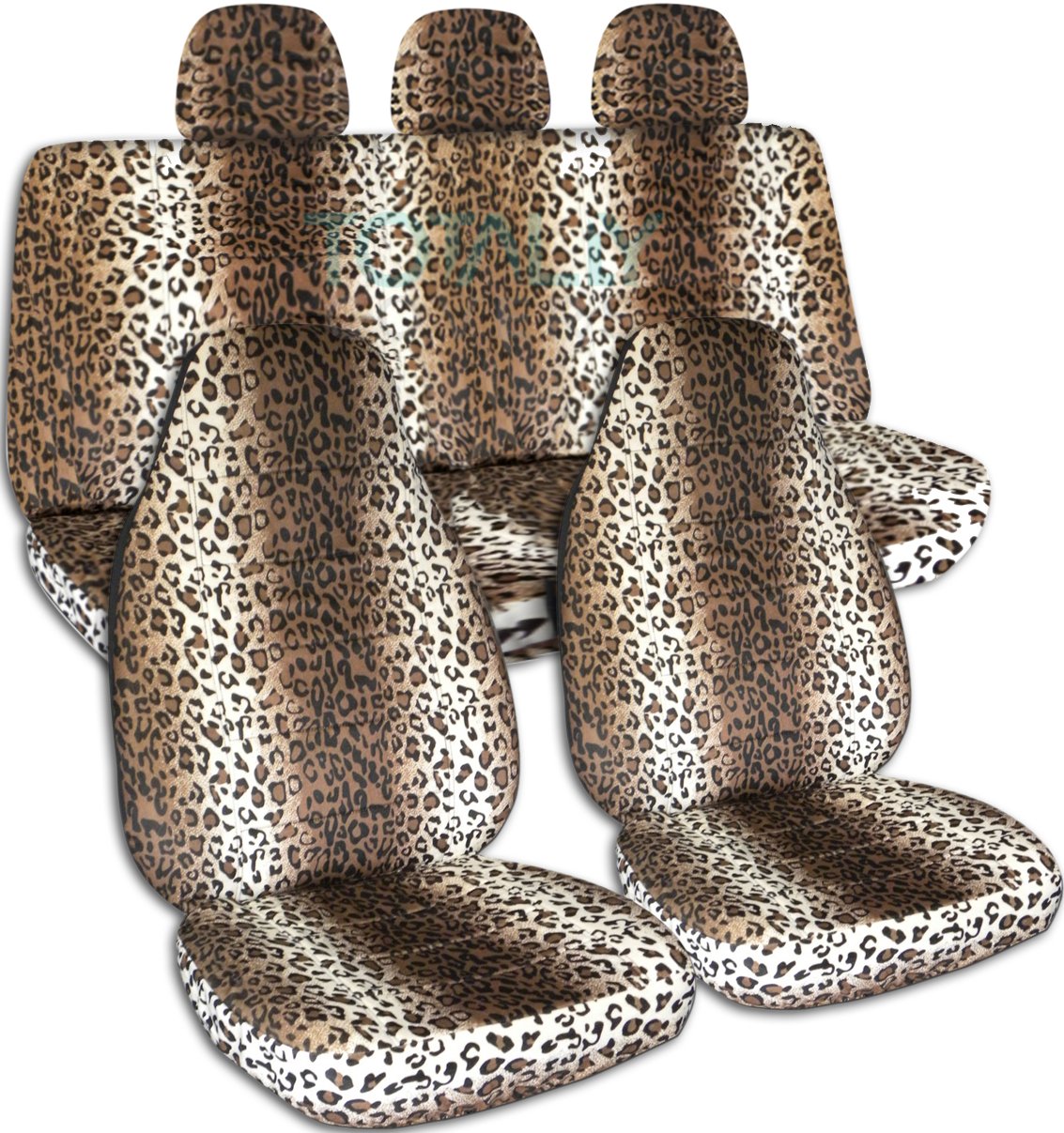 Tan Leopard Print Car Seat Covers Full Set with 3 Rear Headrest Covers - Universal Fit for Cars, Trucks, Vans, RVs & SUVs - 30 Animal Print Patterns - Perfect for Road Trips, Daily Commutes & Vehicle Protection