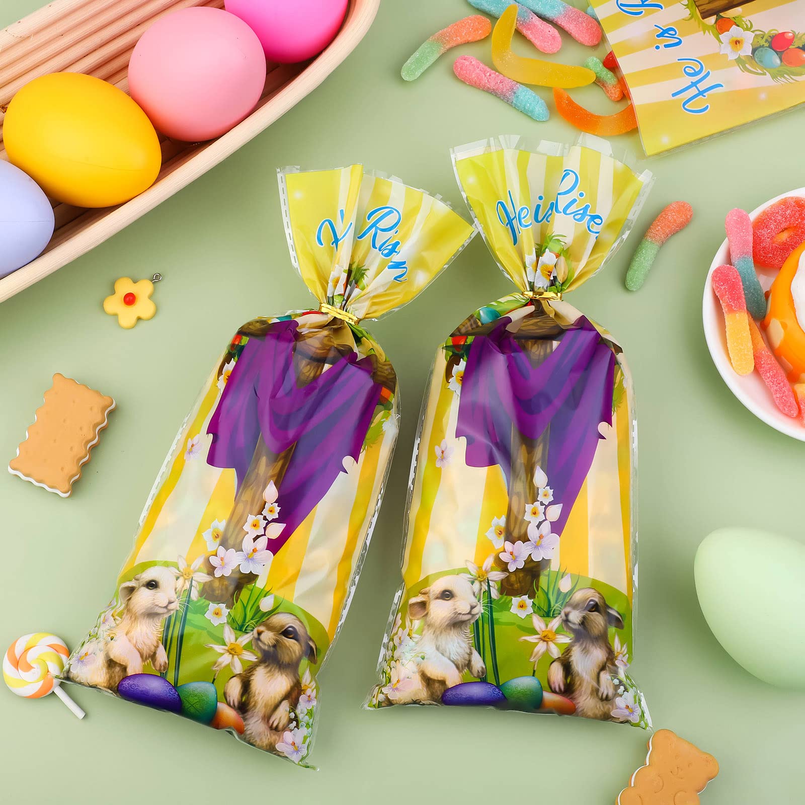 Fovths 100 Pack Clear Plastic Easter Treat Bags with Gold Twist Ties - He is Risen Cellophane Candy Bags for Easter Party Favors, Bible School Events & Egg Hunt Treats - Perfect for Church Celebrations, Sunday School Gifts & Spring Festival Goodie Bags