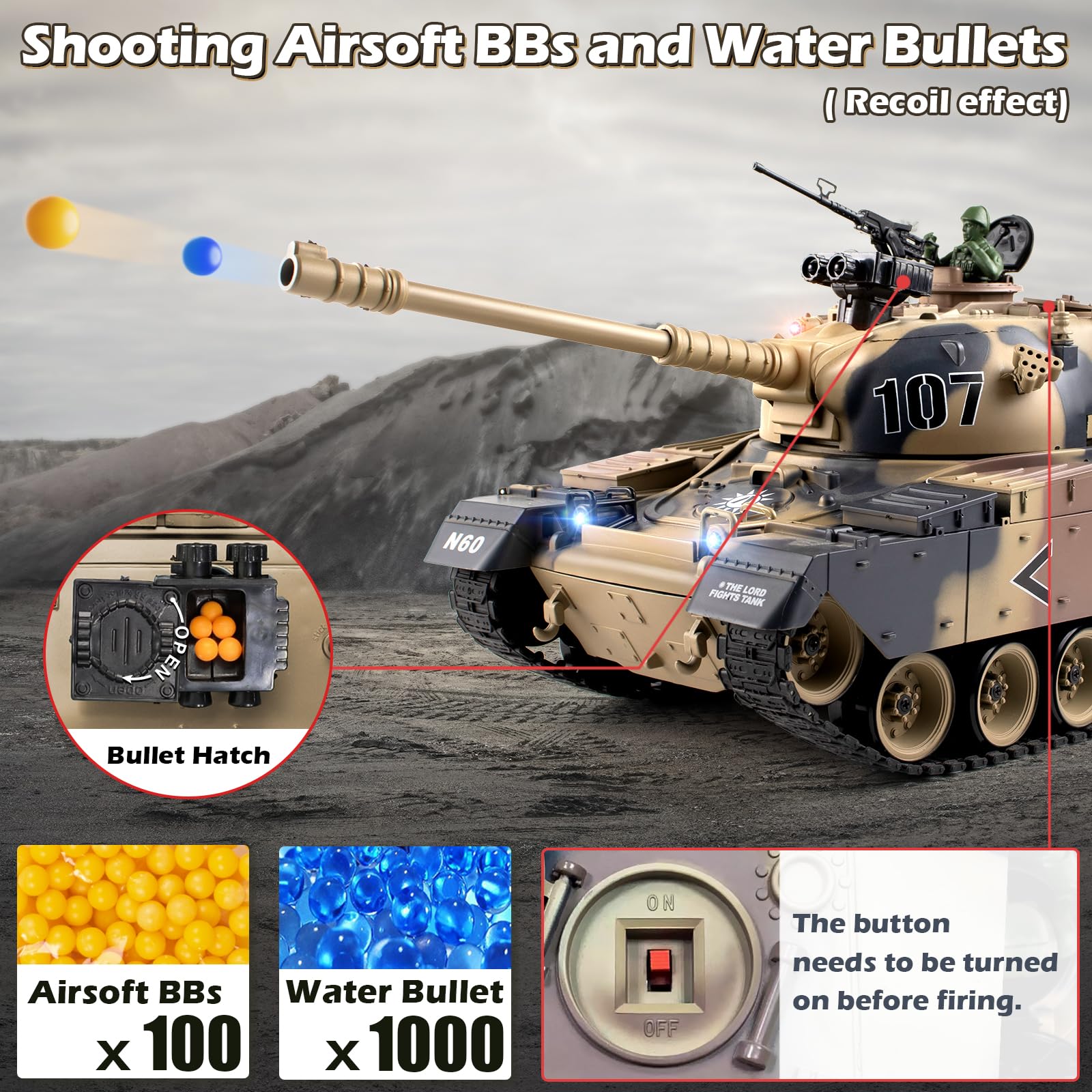 1:18 Scale US M60 RC Tank - 2.4Ghz Remote Control Military Vehicle with Recoil, Smoke, Sound & LED Lights | Shoots BBs & Water Bombs | Battle-Ready Army Toy for Adults & Kids | Perfect for Outdoor Play, Backyard Battles & Military Collection Displays