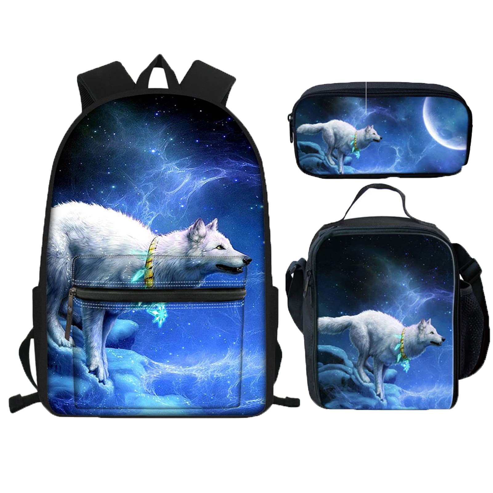 Pensura Kids Backpack Set with Lunch Box & Pencil Case - 3-Piece Wolf Print School Backpack for Boys, Teens | Waterproof Laptop Daypack for School, Travel & Outdoor Activities | Blue Rucksack