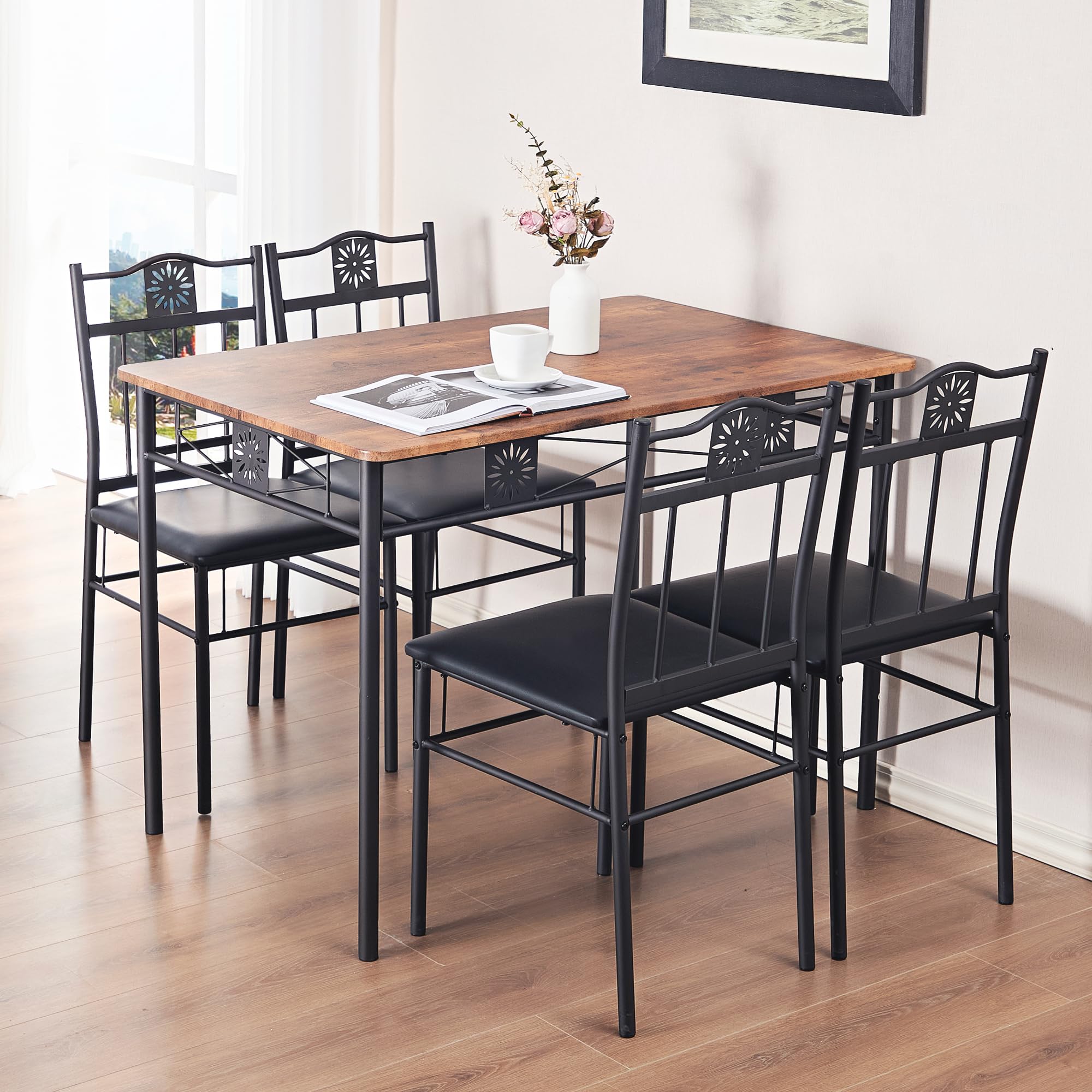 VECELO 5-Piece Retro Brown Kitchen Dining Table Set with Metal & Wood Rectangular Table and 4 Chairs - Perfect for Breakfast Nook, Small Space Dining, and Cozy Family Meals
