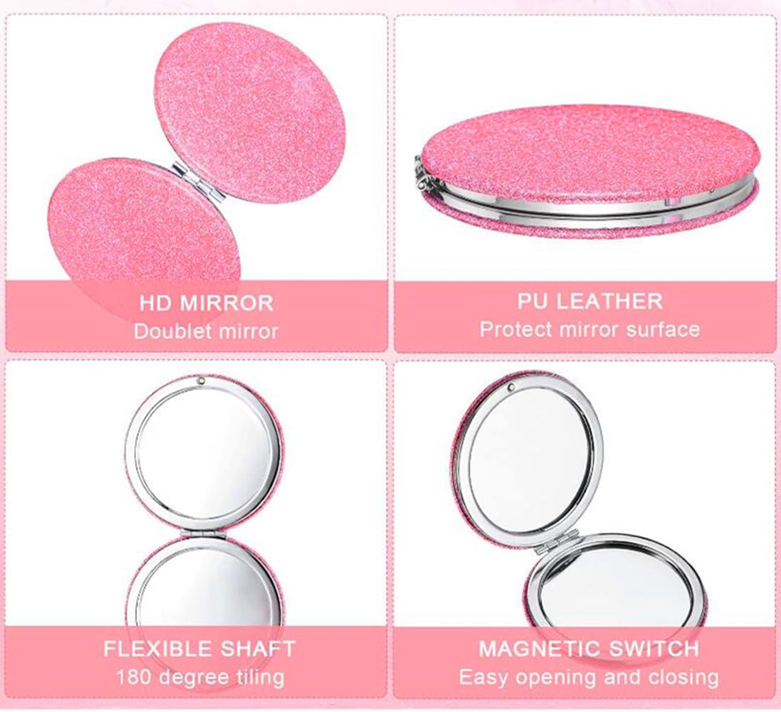 Pink Compact Mirror for Women - Portable Folding Travel Makeup Mirror with 2x Magnification & Glitter Design, Perfect Gift for Girlfriend, Mom & Travel Essentials | Ideal for Purse, Cosmetic Bag & On-the-Go Touch Ups