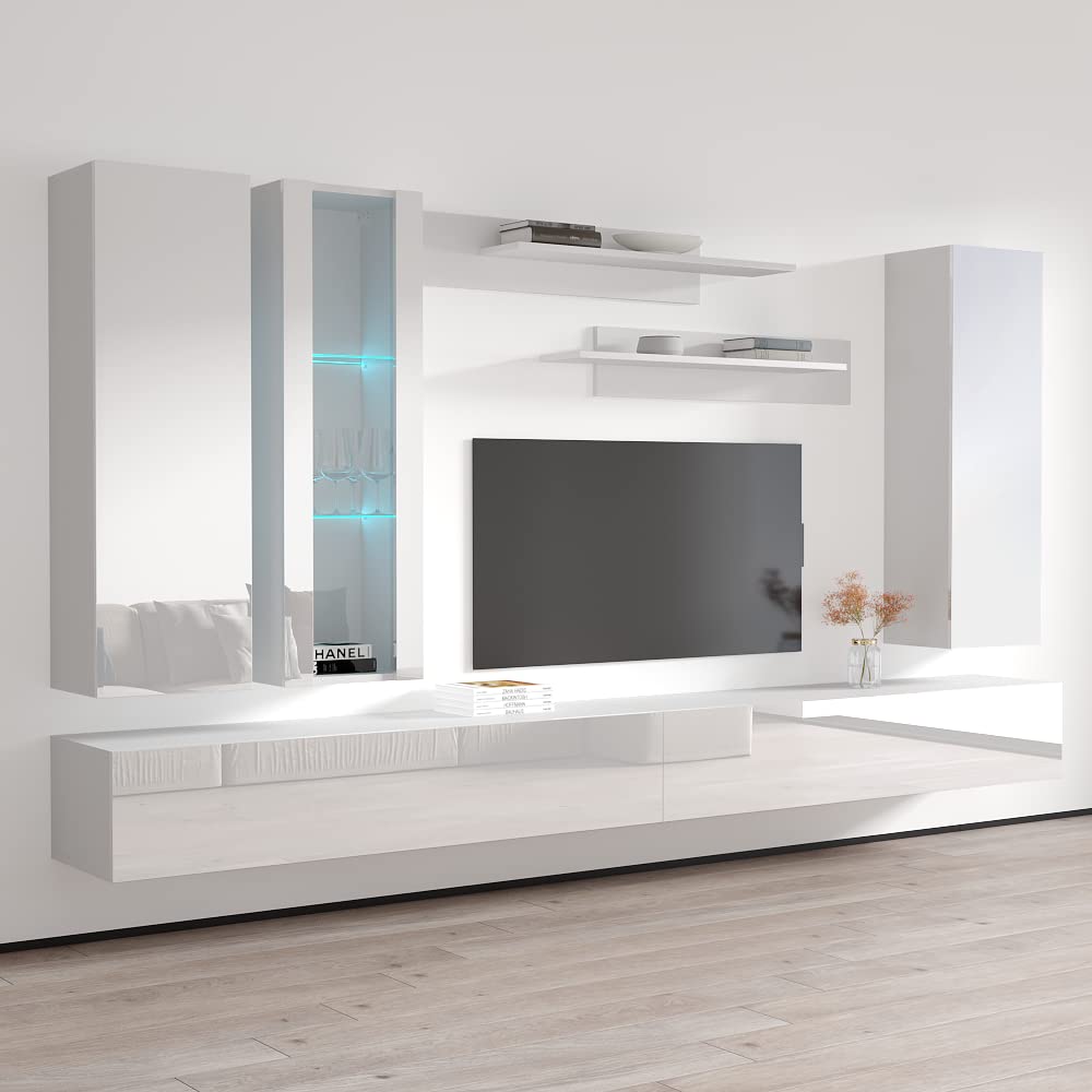 Modern Floating TV Stand with Storage & LED Lights - Wall-Mounted Entertainment Center Console for Bedroom & Living Room - White Meble Furniture Fly EF4 30