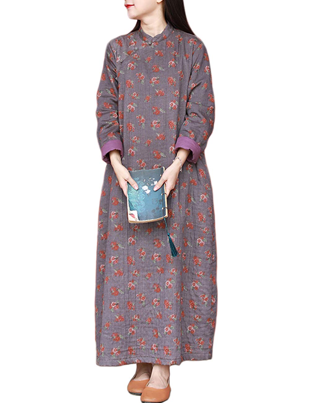 Women's Floral Print Cheongsam Dress - Elegant Chinese Style Long Cotton Dress for Spring & Autumn - Double-Layer Casual Wear for Parties, Weddings & Special Occasions