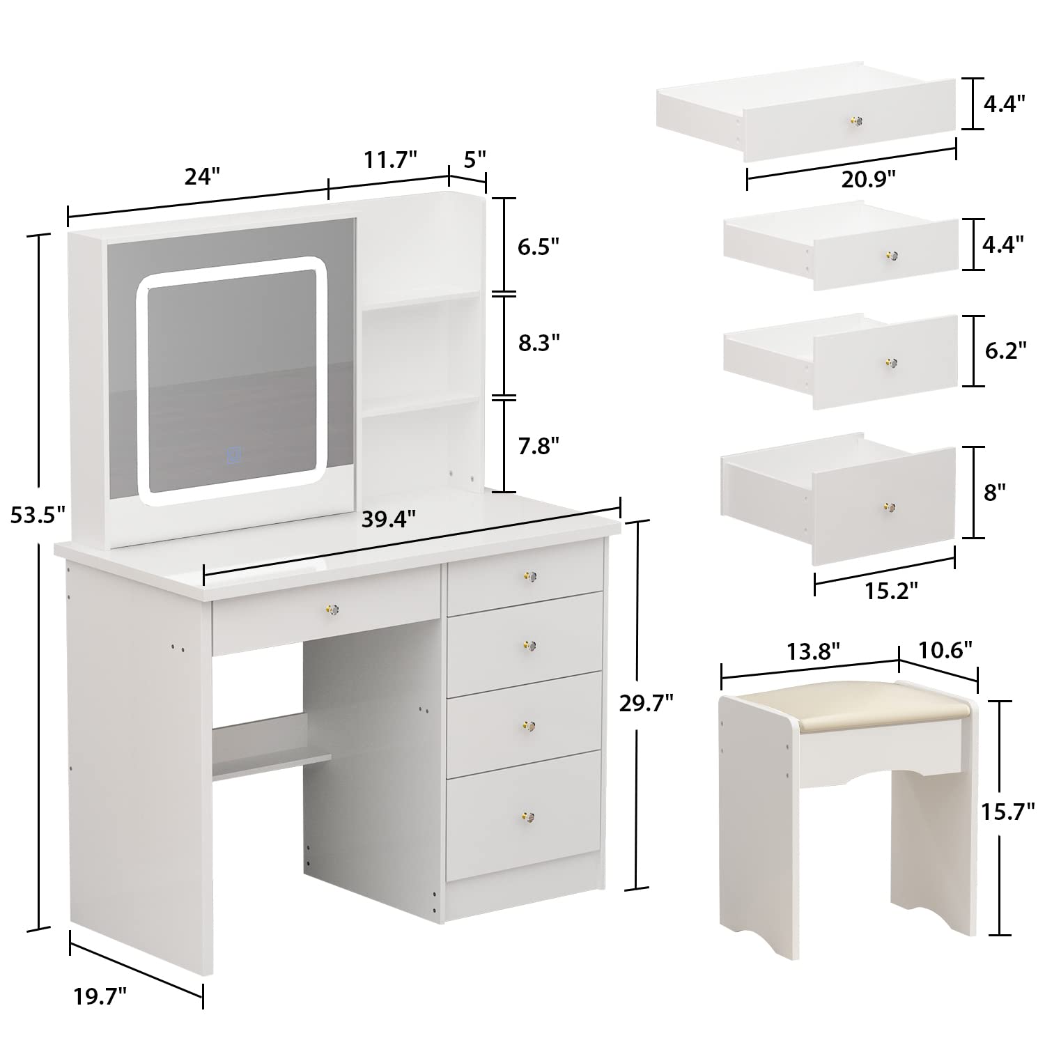Hitow White Vanity Desk Set with LED Lighted Mirror, Makeup Dressing Table with Drawer & Storage Shelf, Includes Cushioned Stool - Perfect for Bedroom, Beauty Salon & Home Decor (Vanity Set for Women)