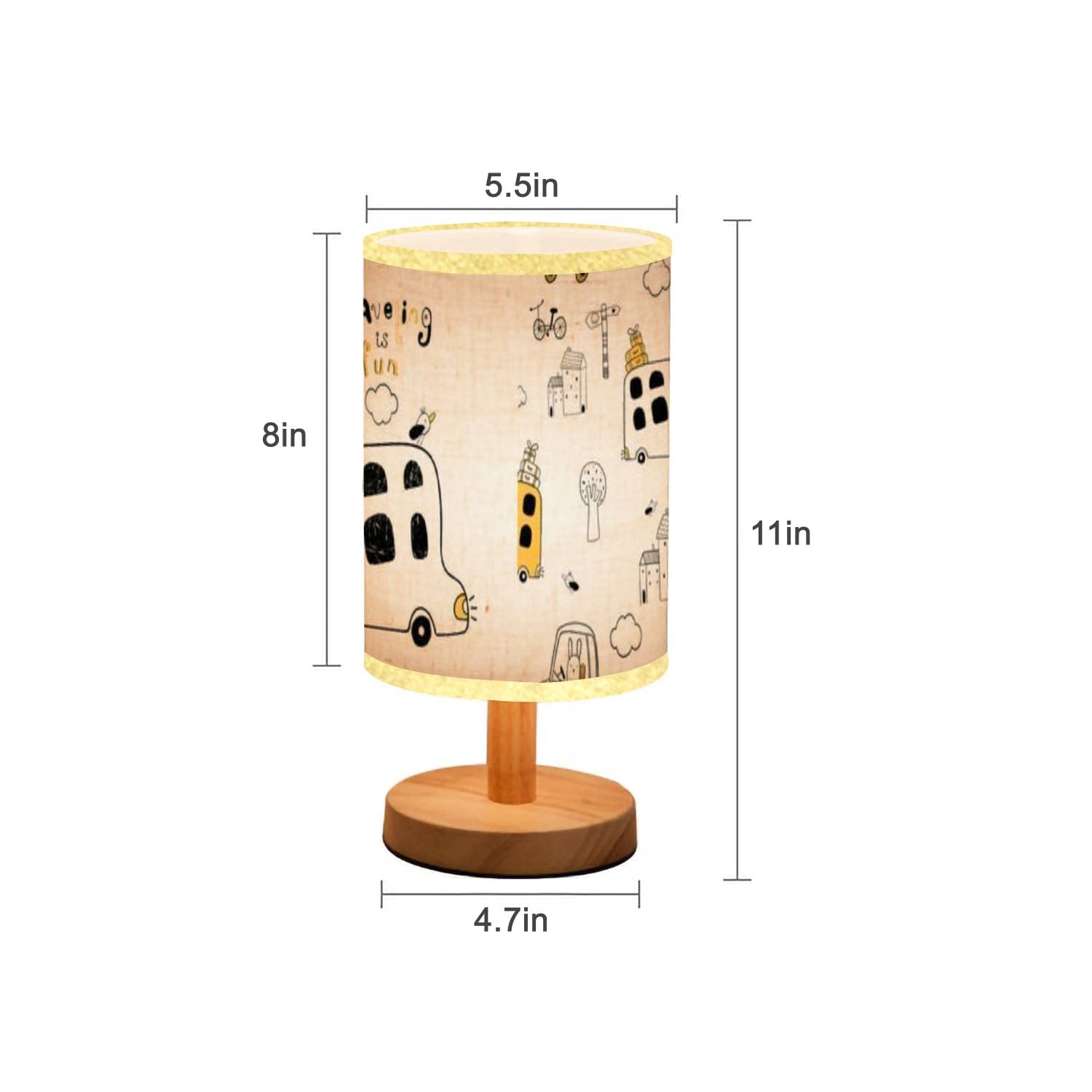 Minimalist Wooden Nightstand Lamp with Hand-Painted Cute Bus Design - Kids Bedside Table Light with Flaxen Fabric Shade for Bedroom, Living Room & Nursery - Perfect for Bedtime Reading and Cozy Ambiance