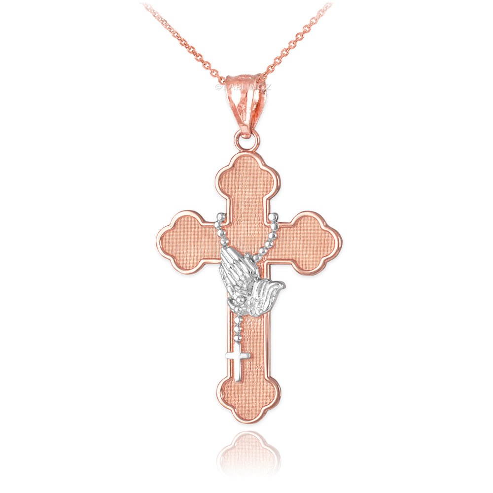 14K Two-Tone Rose Gold Rosary Prayer Cross Necklace for Women - Religious Jewelry Gift for Baptism, First Communion & Everyday Faith Wear