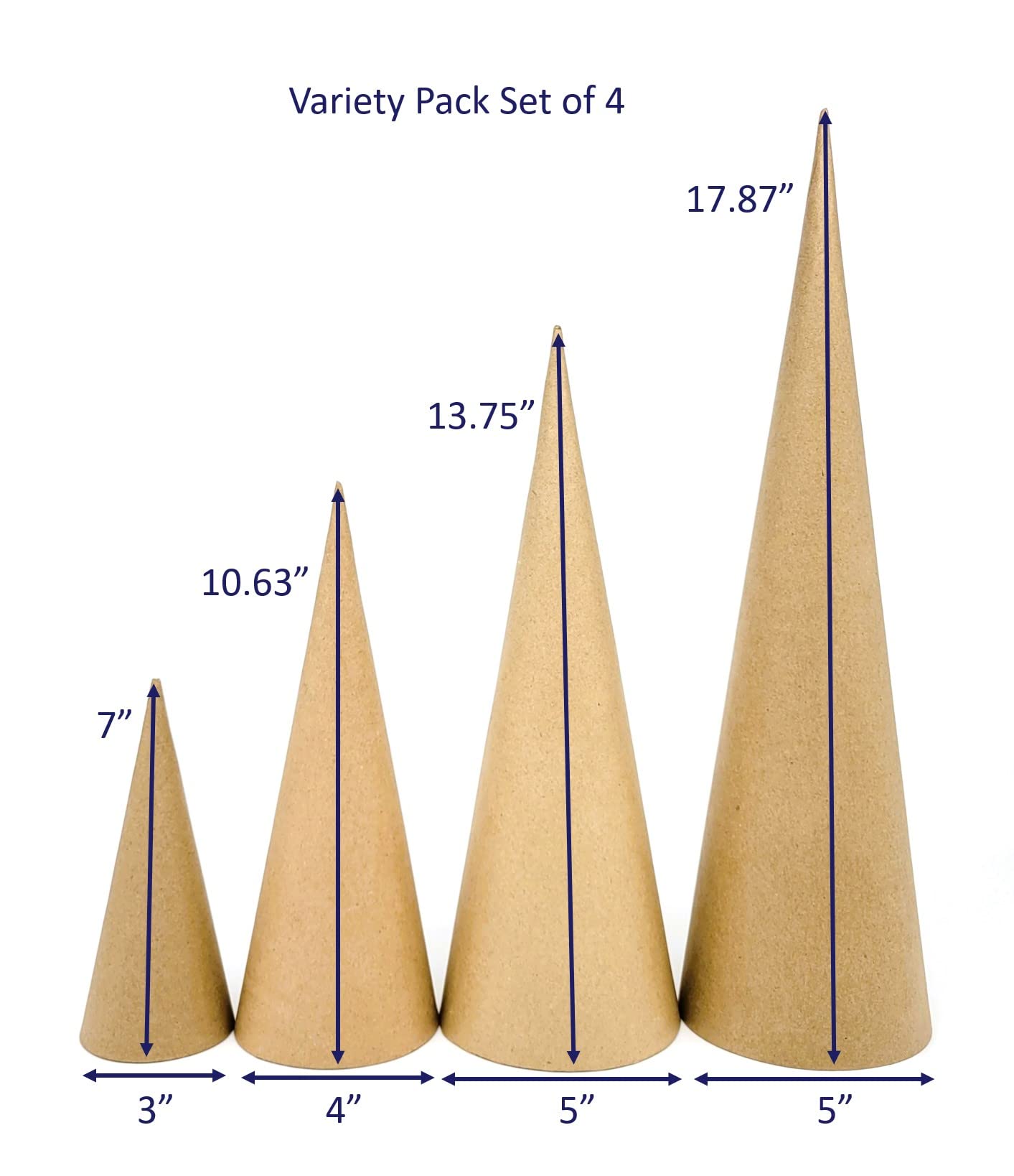 AllStellar Paper Mache Cones Variety Pack (Set of 4) - 17.87x5, 13.75x5, 10.63x4, 7x3 inches - Open Bottom DIY Craft Supplies for Art Projects, Home Decor, Party Decorations - Perfect for Christmas, Halloween, Wedding & School Crafts