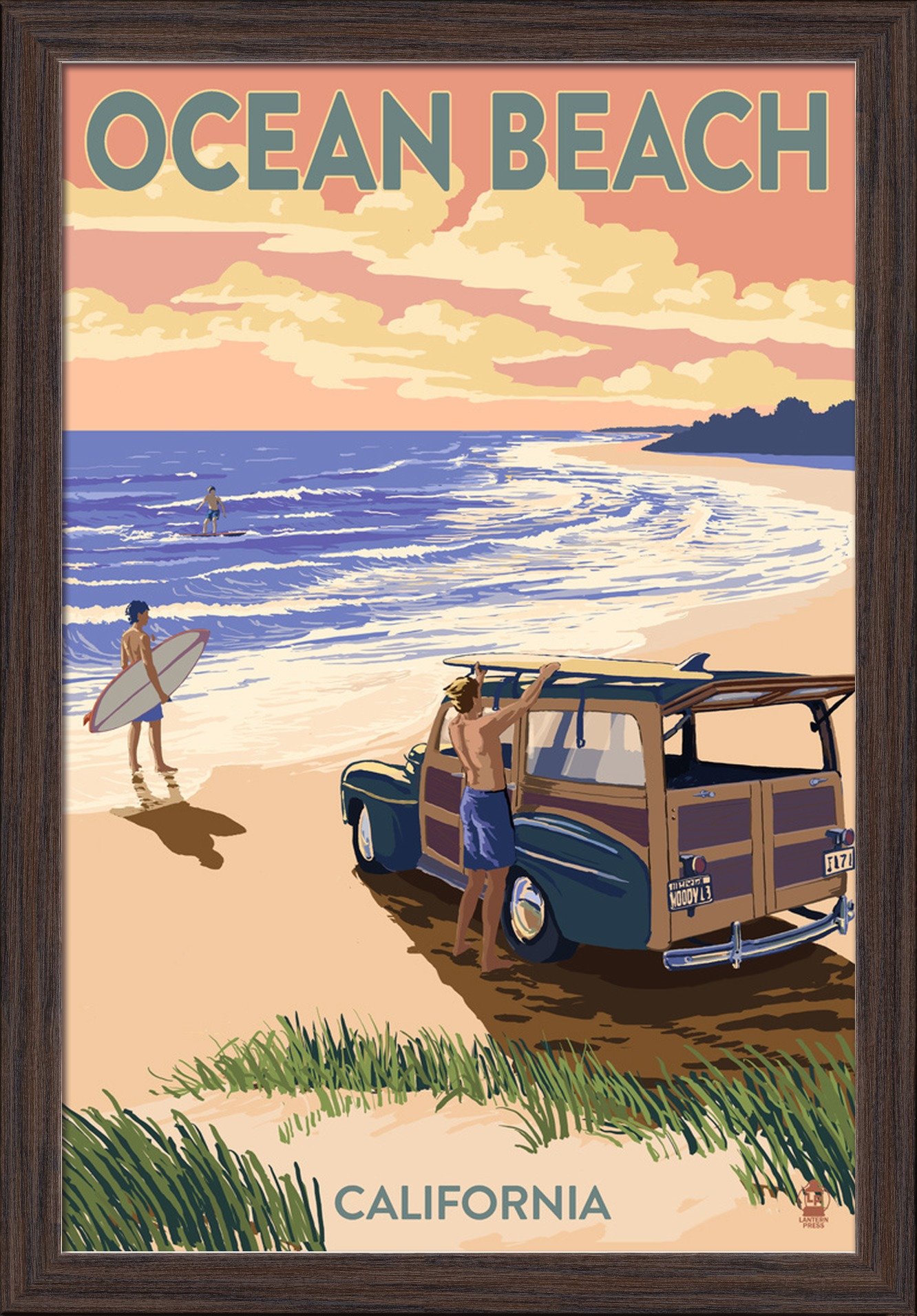 Ocean Beach California Woody on Beach - 16x24 Giclee Fine Art Print in Recycled Wood Frame (Espresso Brown) - Perfect for Coastal Home Decor, Beach House Wall Art & Living Room Aesthetic