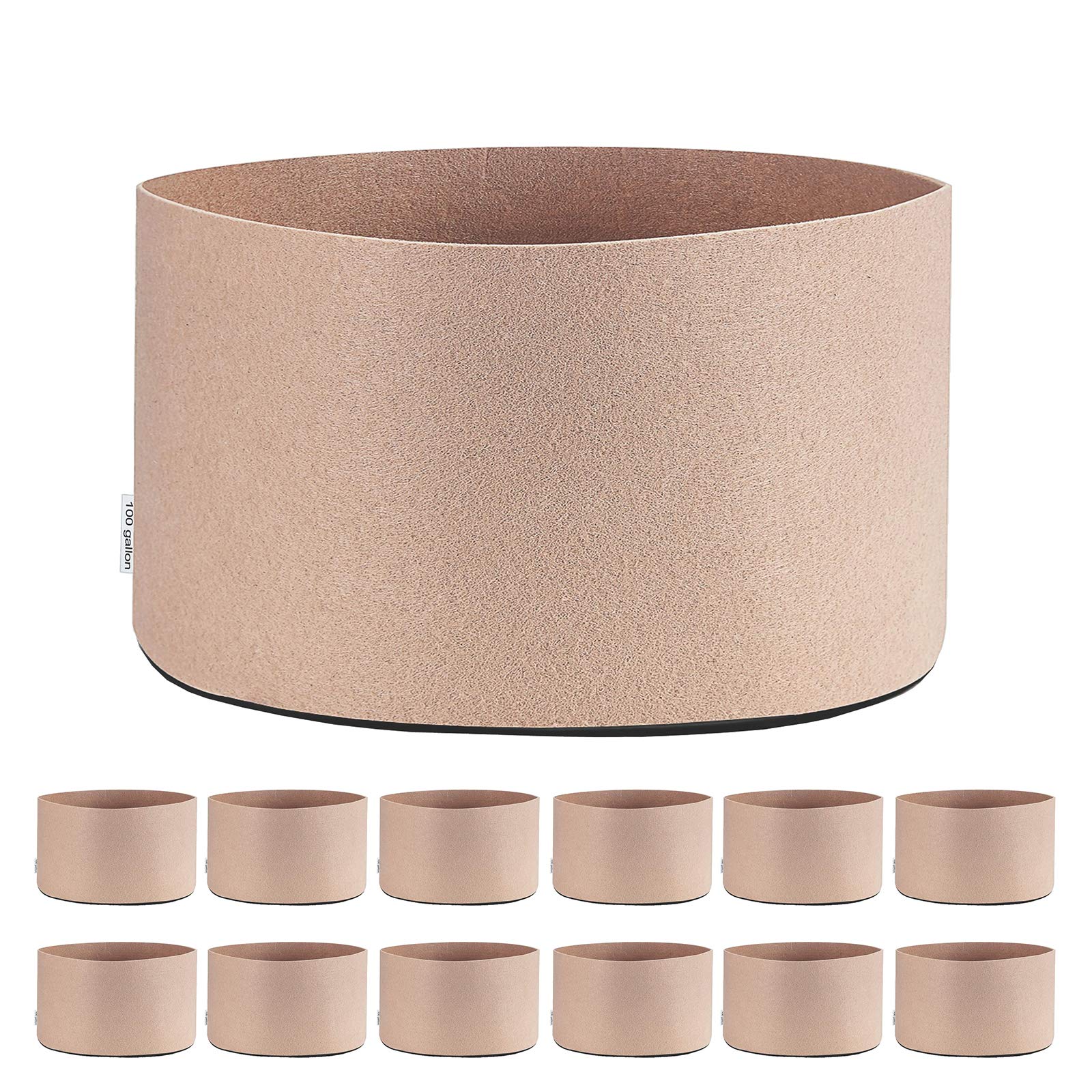 TopoGrow 12 Pack 100 Gallon Grow Bags - Tan Fabric Round Aeration Pots for Plants, Nursery, Garden & Container Planting - Ideal for Vegetables, Fruits, Flowers & Herbs (100 Gallon, Tan)