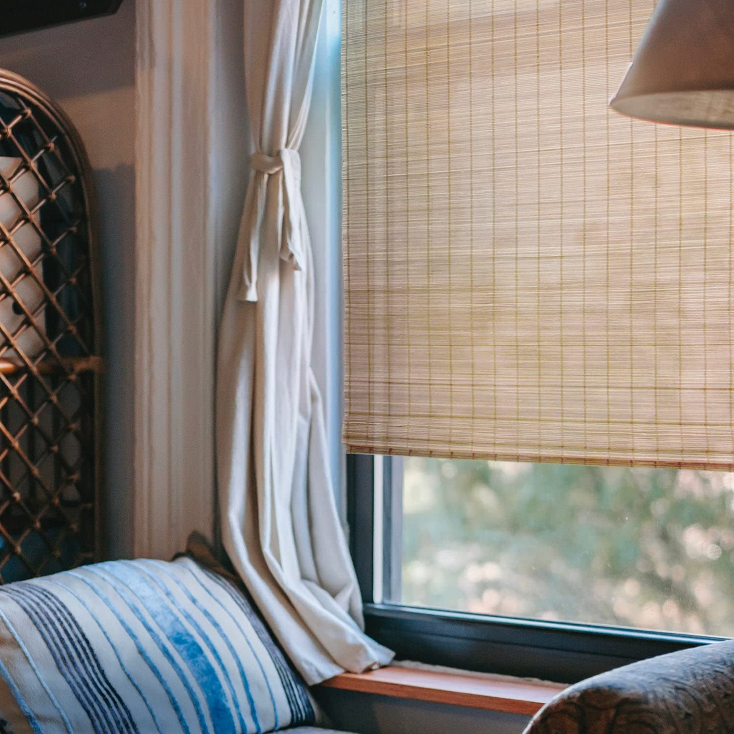 Custom Bamboo Roman Shades - Cordless Top Down Bottom Up Modern Window Treatment | Natural Woven Sheer Fabric | 48.5
