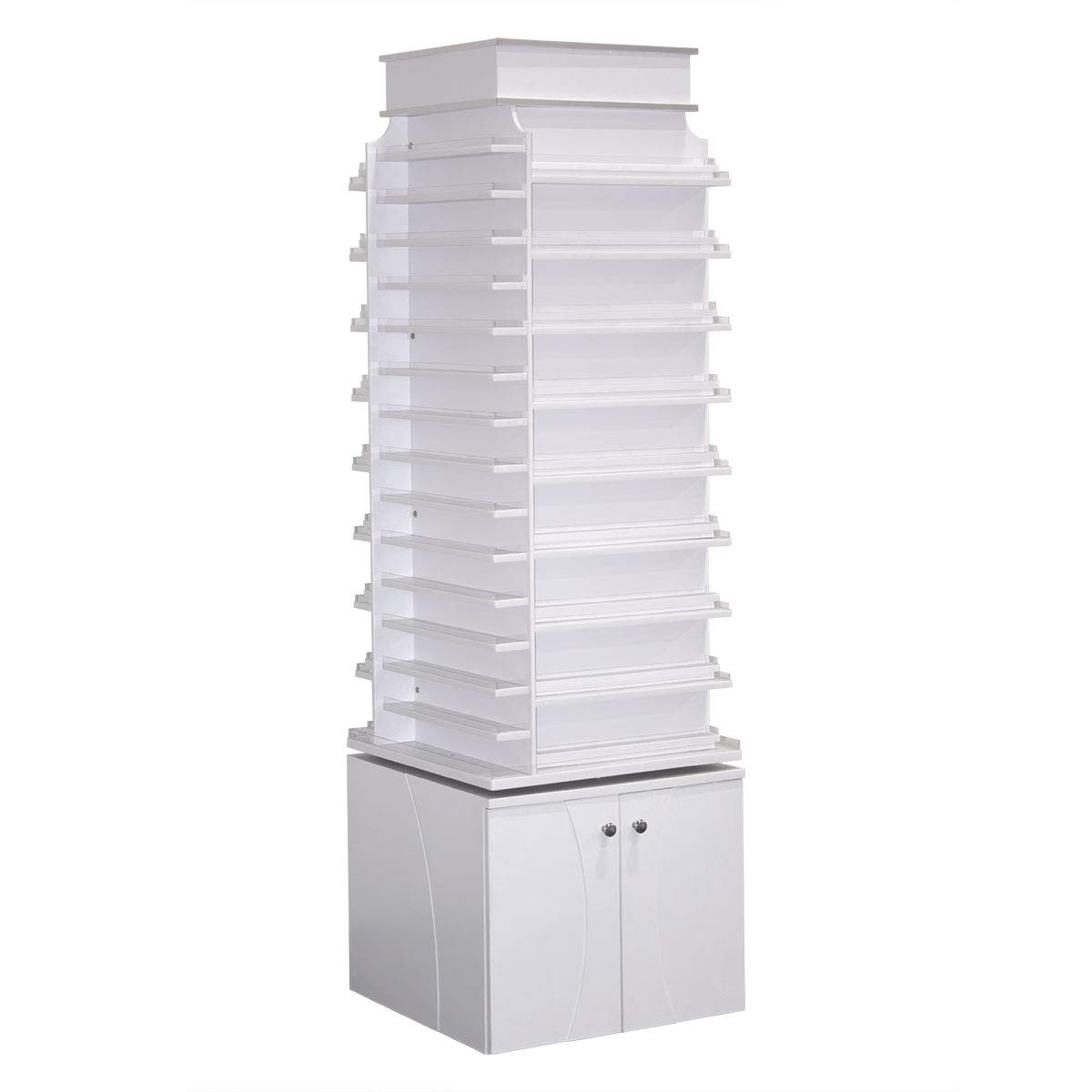 360° Swivel SONOMA Polish & Powder Display Shelf - Double Shelves Storage Cabinet for Salon, Modern White/Silver - Perfect for Nail Polish Organizer & Makeup Display in Beauty Salons or Home Vanity