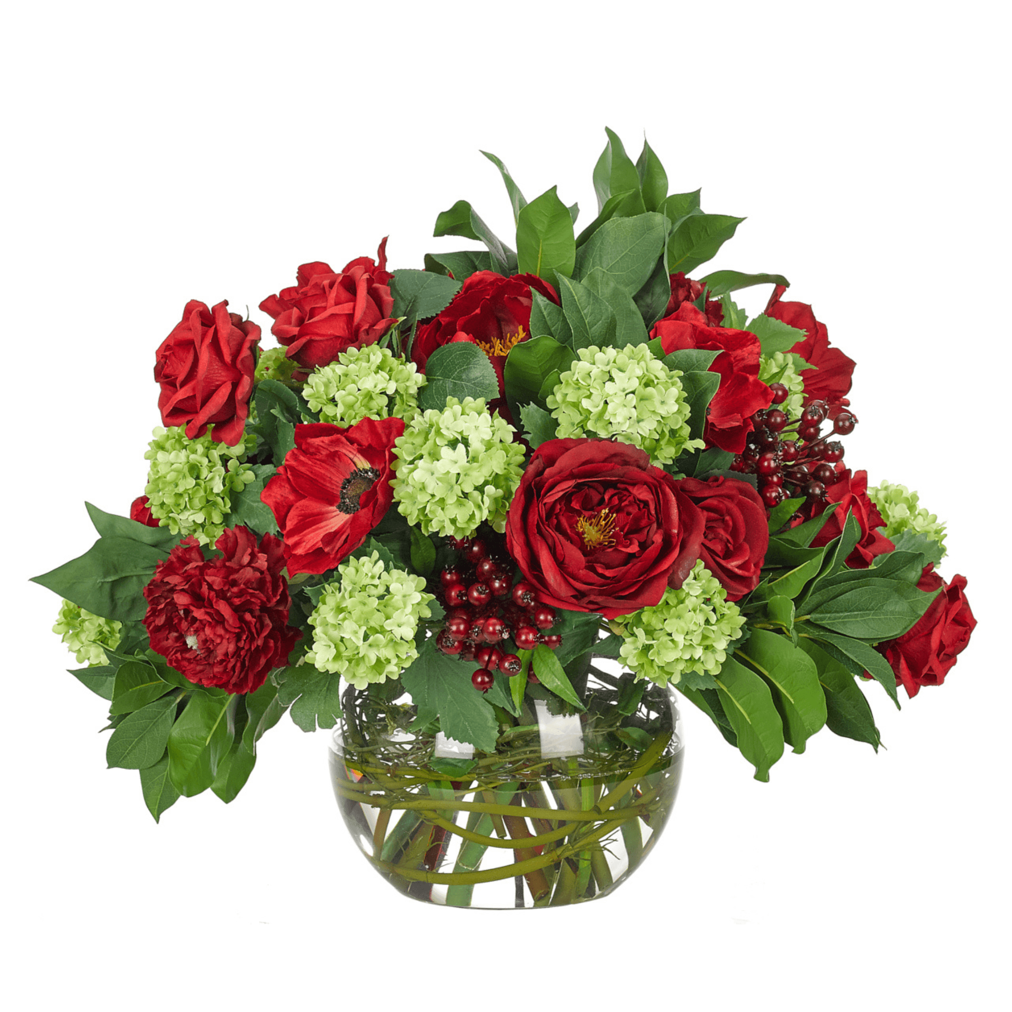 16 Red & Green Rose Snowball Faux Watergarden in Glass Bubble - Artificial Floral Centerpiece for Home Decor, Wedding, Party & Office Decoration