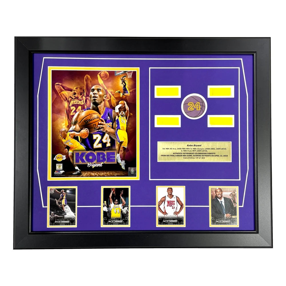 Authentic Kobe Bryant Final Lakers Game Used Confetti Collage Framed Memorabilia #D/824 - Perfect for Sports Collectors, Lakers Fans, and NBA Memorabilia Displays