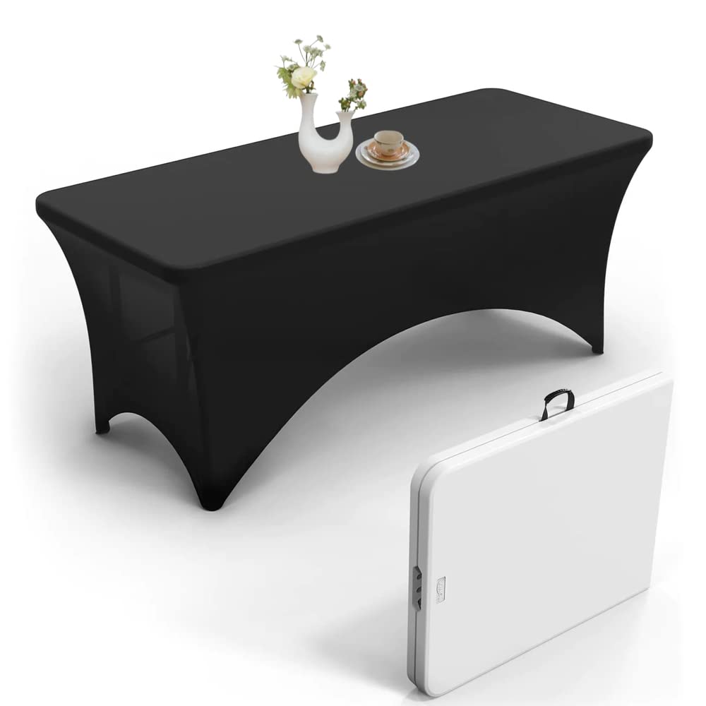Urby Elastic Black Tablecloth for 6 Foot Rectangle Tables - Fits 6ft Folding Tables from Lifetime, COSCO, Mainstays & Major Brands - Heavy Duty Stretch Wrinkle Resistant Spandex Fabric - Perfect for Parties, Weddings, Banquets & Outdoor Events